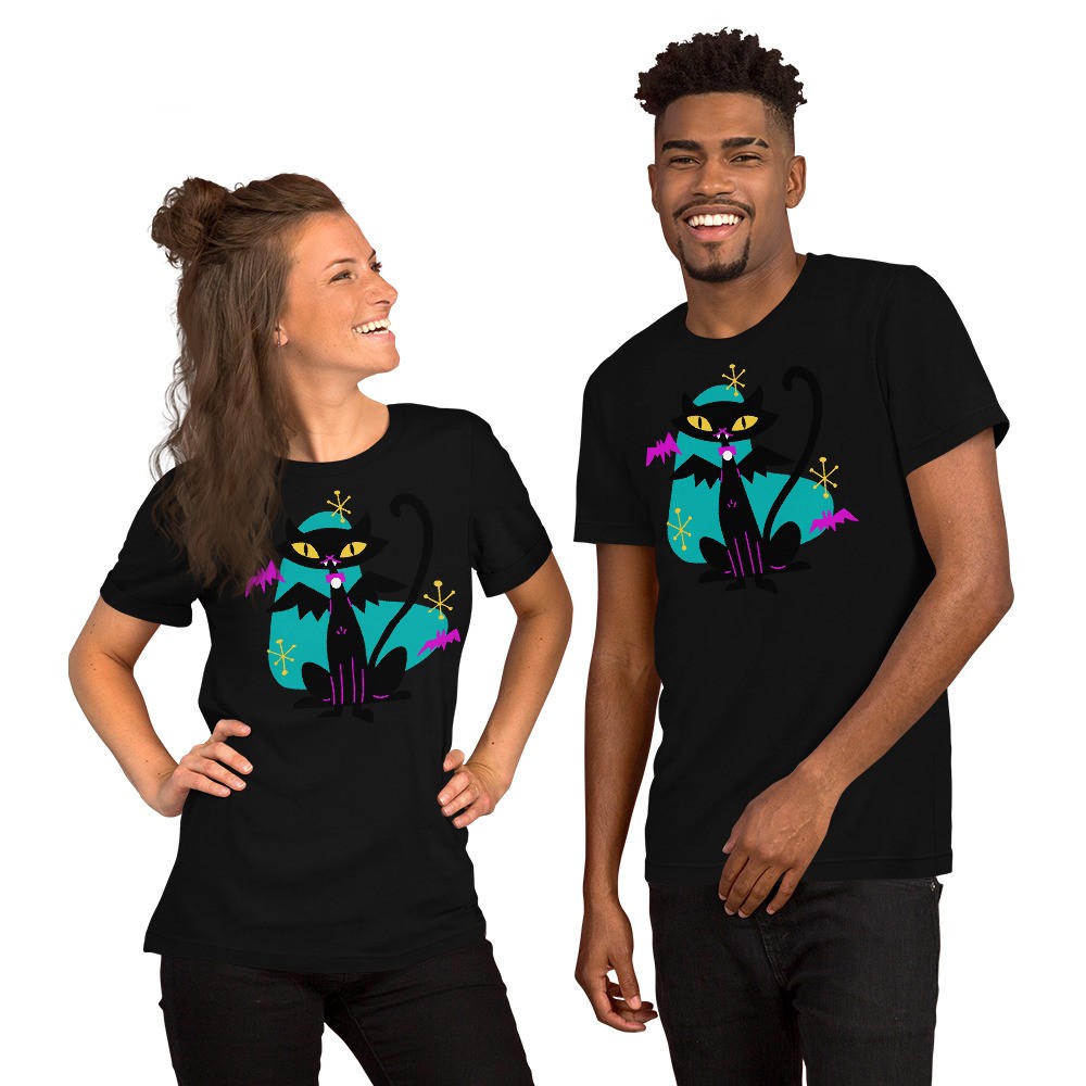 Vampire Black Cat w/ Bat Wings Unisex T-Shirt Retro Atomic Age Mid Century Cool