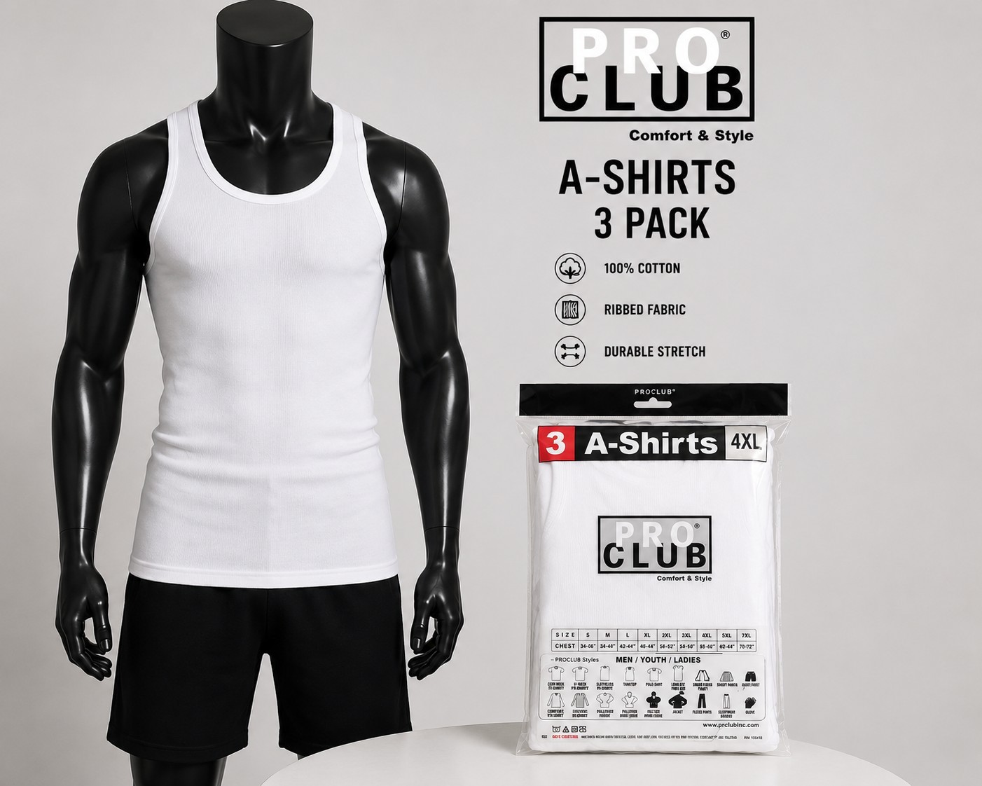 3 PACK PRO CLUB MENS A-SHIRT SIZES (S- 5XL) RIBBED TANK TOP WHITE/BLACK gallery