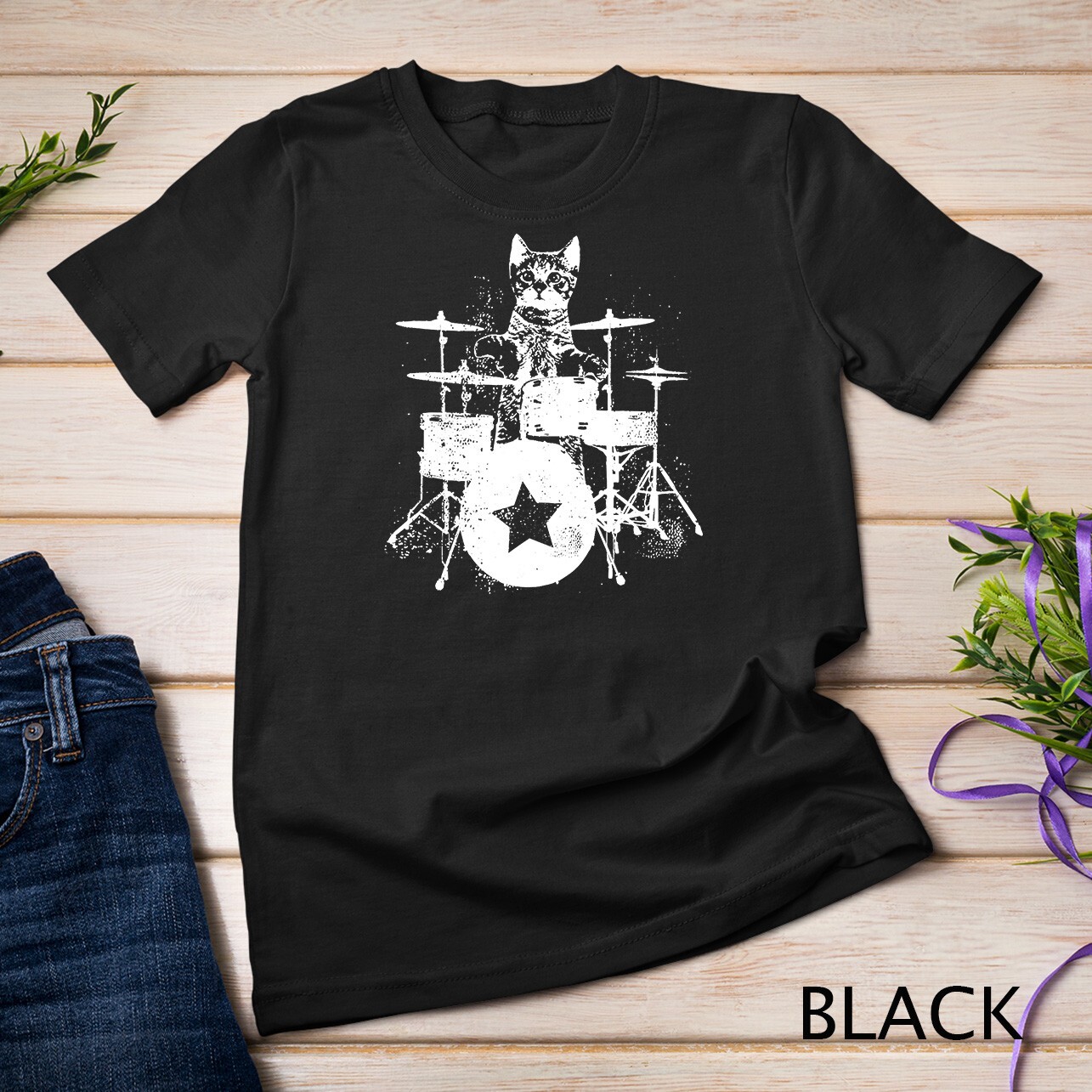 Punk Rockstar Kitten Kitty Cat Drummer Playing Drums Graphic Unisex T-shirt gallery