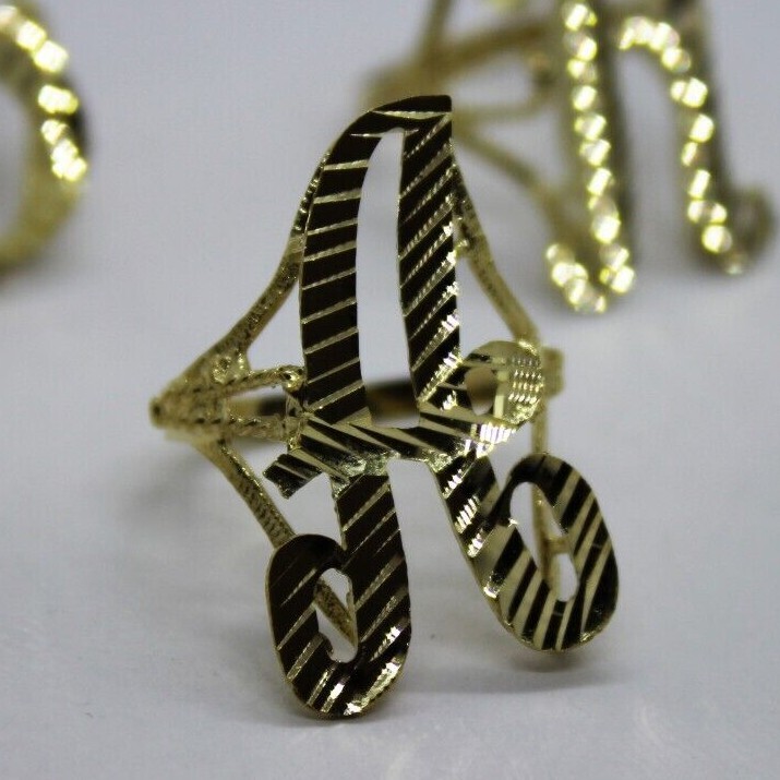 10k Solid Yellow Gold Large Cursive Initial Letter Ring Diamond Cut size 6 ~ 14