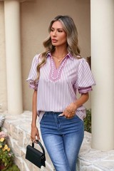 Womens Summer Lapel Collar V Neck Short Puff Sleeve Office Blouses Striped Co…