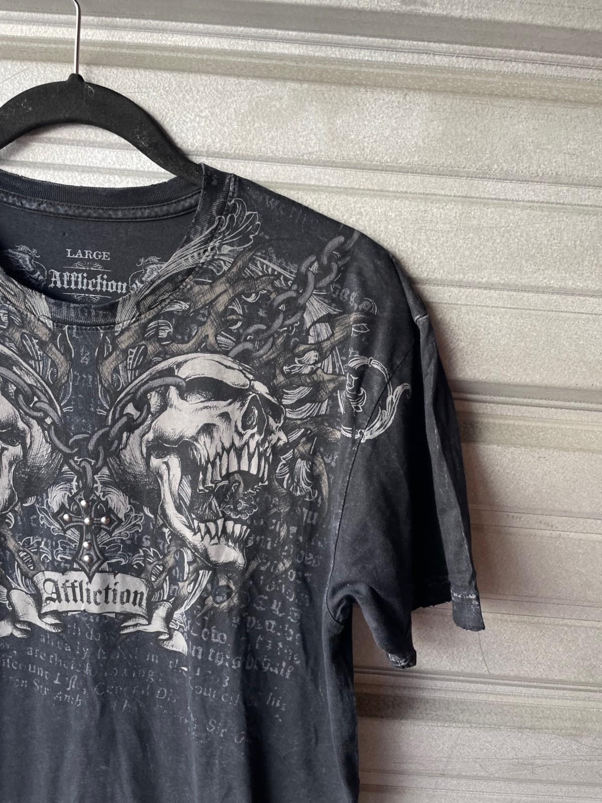 Affliction Double Skull Beaded Cross Graphic Black T-Shirt Men's Large gallery