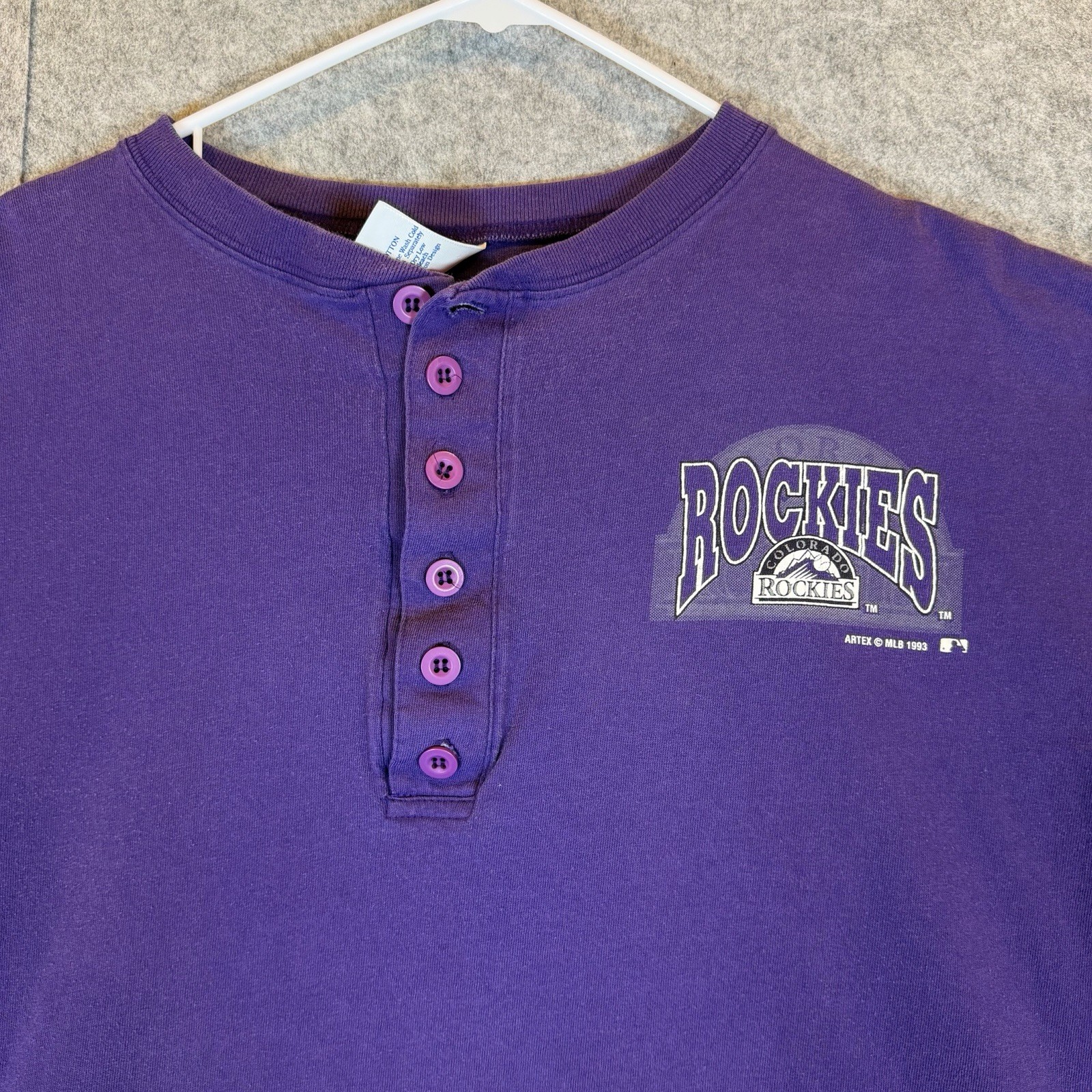 Vintage 1993 Colorado Rockies Henley Shirt Purple Artex USA XL gallery