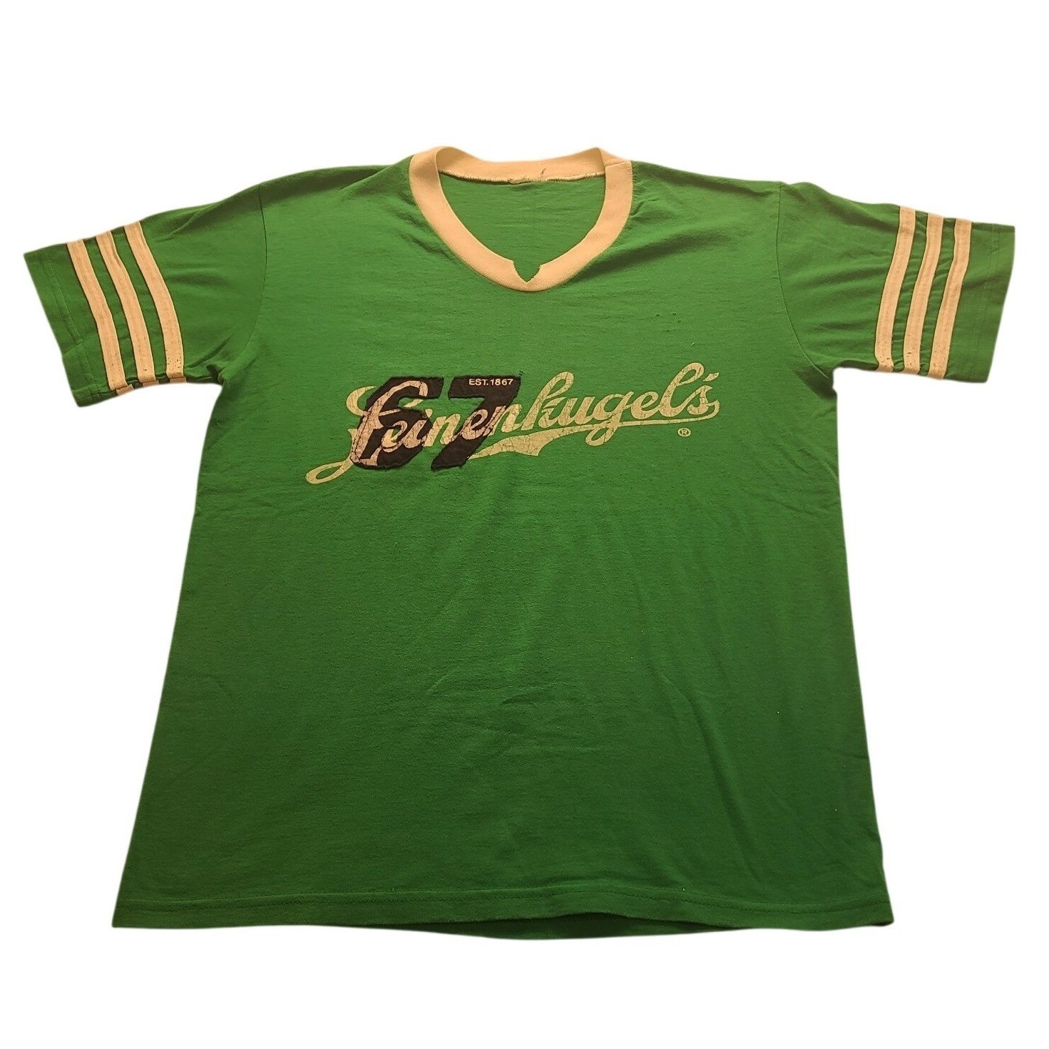 Vintage Leinenkugels Beer Green Ringer T-Shirt V-Neck Athletic Stripe Distressed