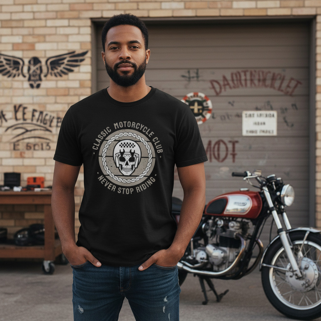 Unisex Classic Motorcycle Club Graphic Tee Featuring Never Stop Riding Emblem An gallery