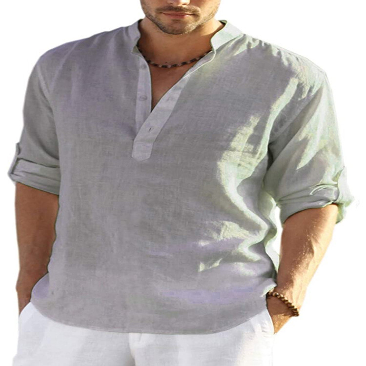 Mens Cotton Linen Long Sleeve Shirt Solid Loose Blouse Button Down Tops T Shirt gallery
