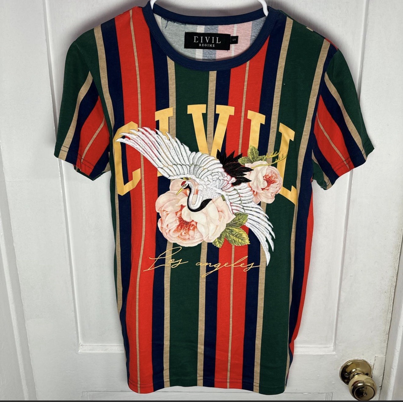 Civil Regime Men’s S Multicolor Striped Bird/Flower Graphic Crew Neck T-Shirt