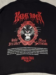 black cotton t-shirt features a bold red embroidered panther graphic Size Small