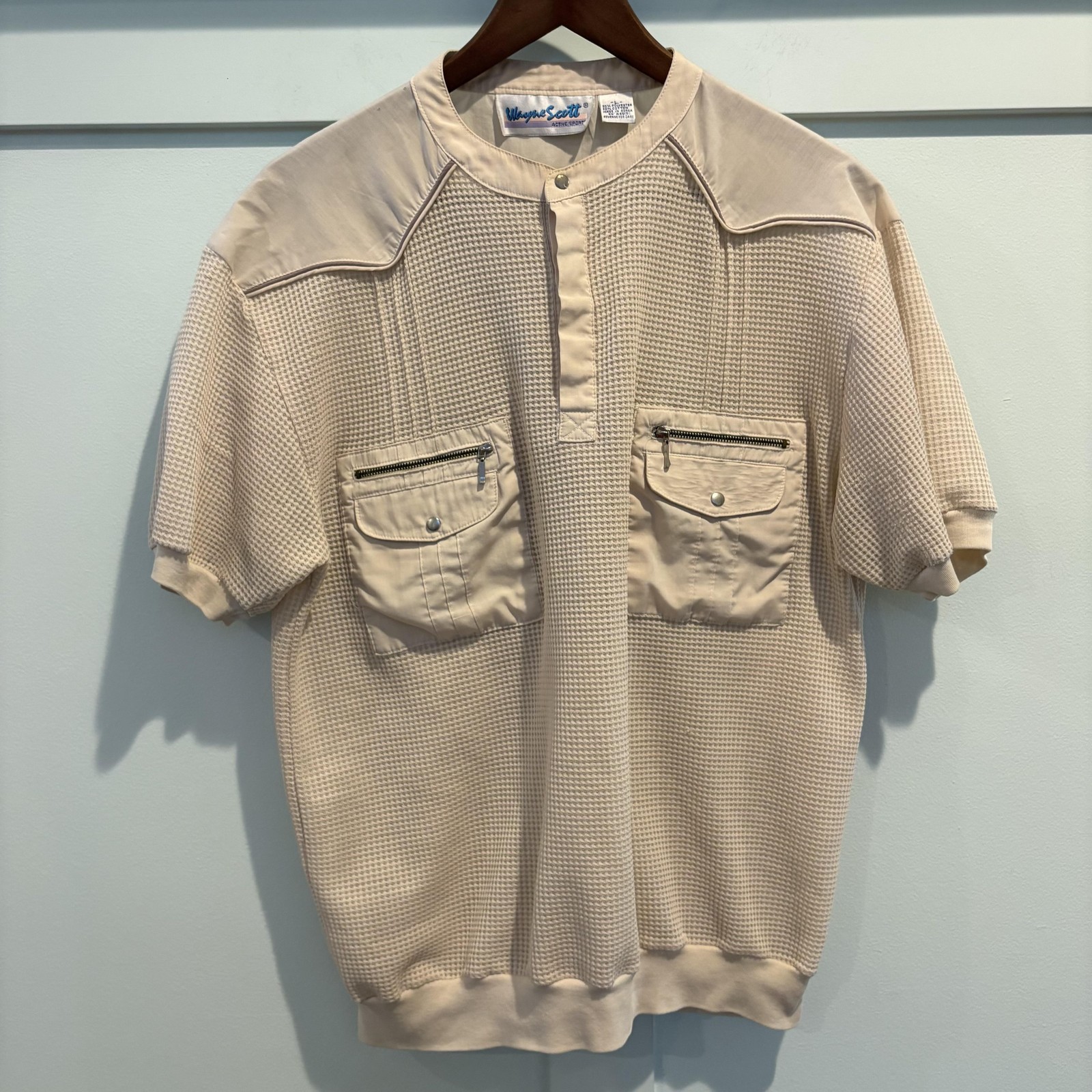 Vintage Wayne Scott Henley Shirt Mens Large Cream Dual Zip Pockets Waffle Knit gallery