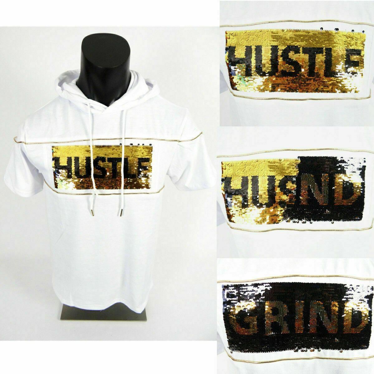 Mens Hoodie T-Shirt Reverse Gold Sequins Logo White Slim Fit Hip Hop M L XL XXL