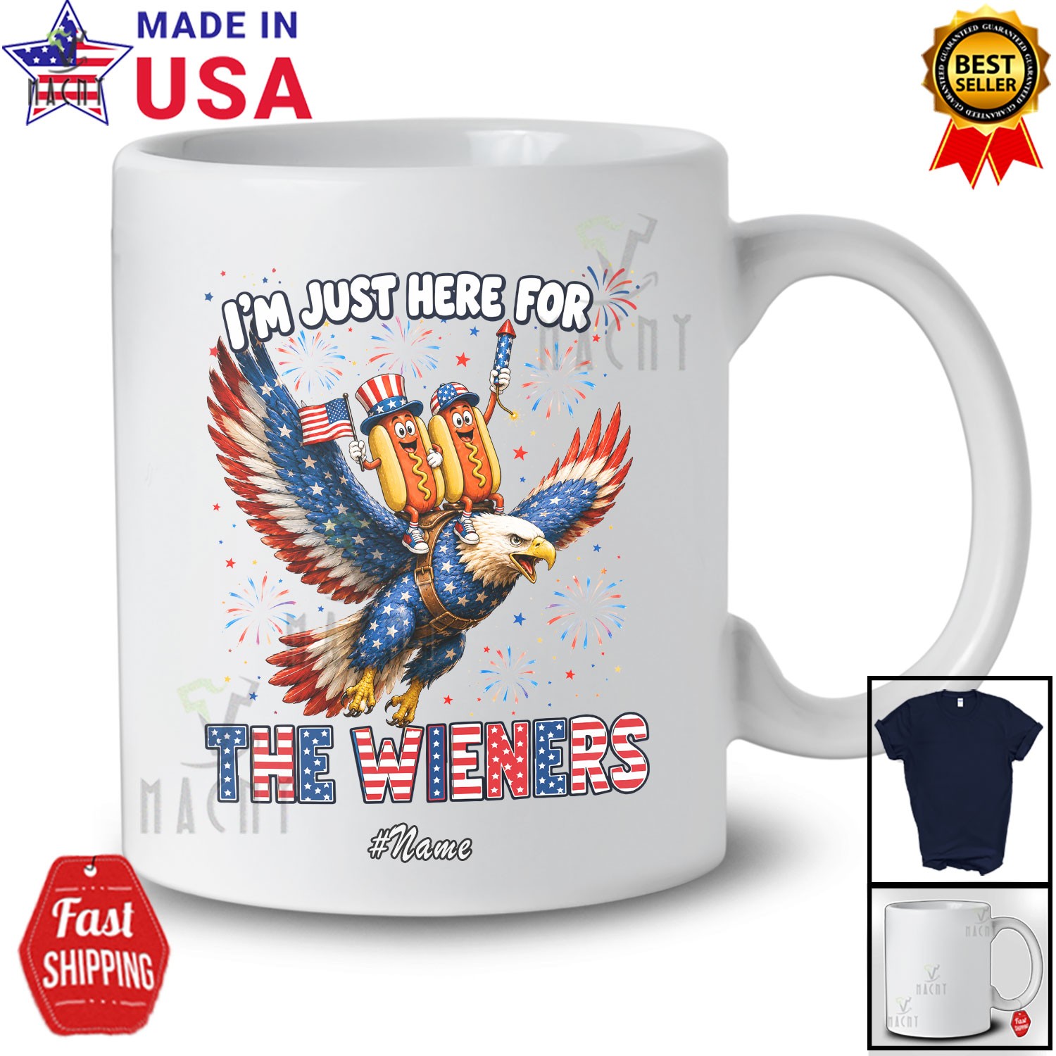 Custom Name Here For Wieners; 4th Of July Hotdog Riding Eagle Patriotic T-Shirt gallery