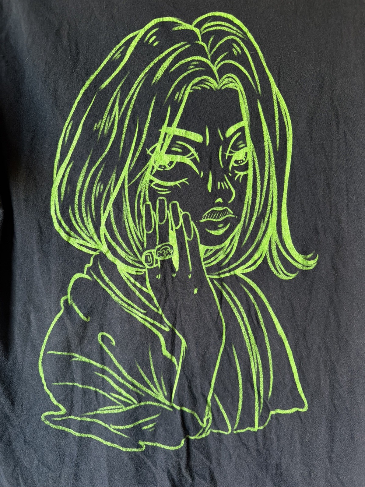 Billie Eilish Anime Black SS T-Shirt Small 2021 Merch Green Sketch Portrait