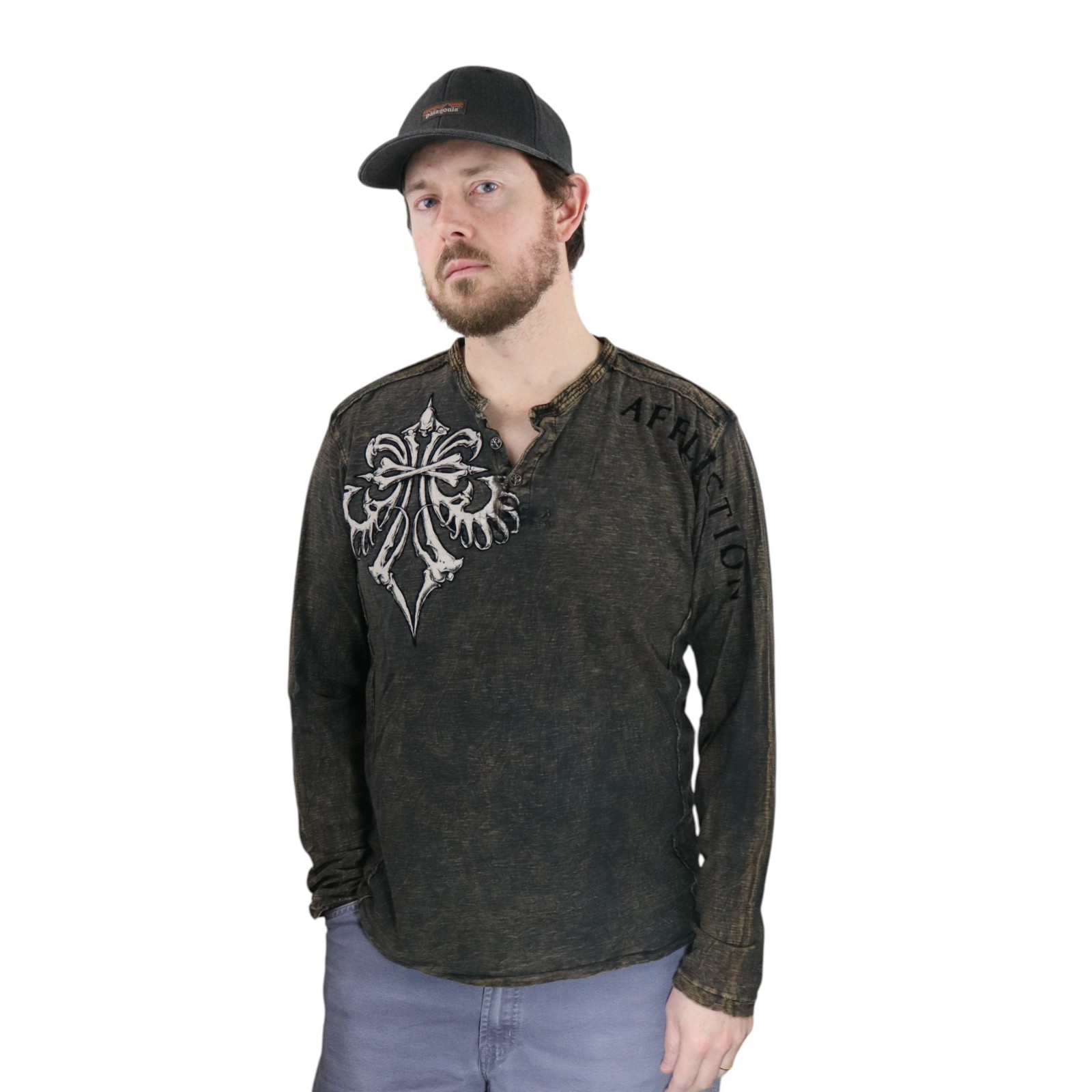 Vintage Affliction Mens Thermal Cross Skull Wing T Shirt Mens Large Long Sleeve gallery