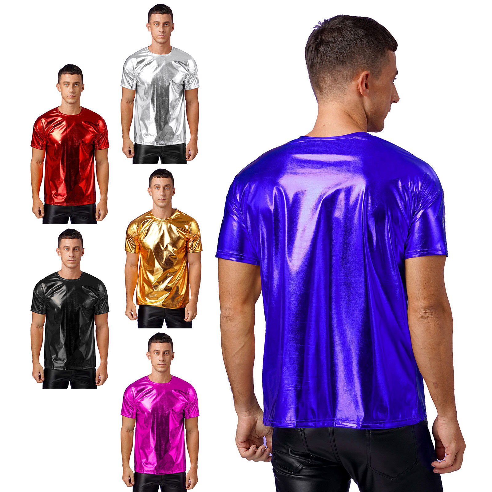Metallic Shiny Short Sleeve Round Neck T-shirt for Club Show Performance Tops gallery