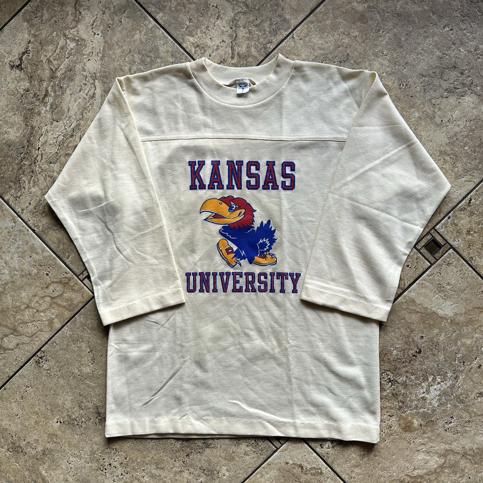 Vintage 70s Artex University Of Kansas Football Shirt Mens Large Shirt Cream