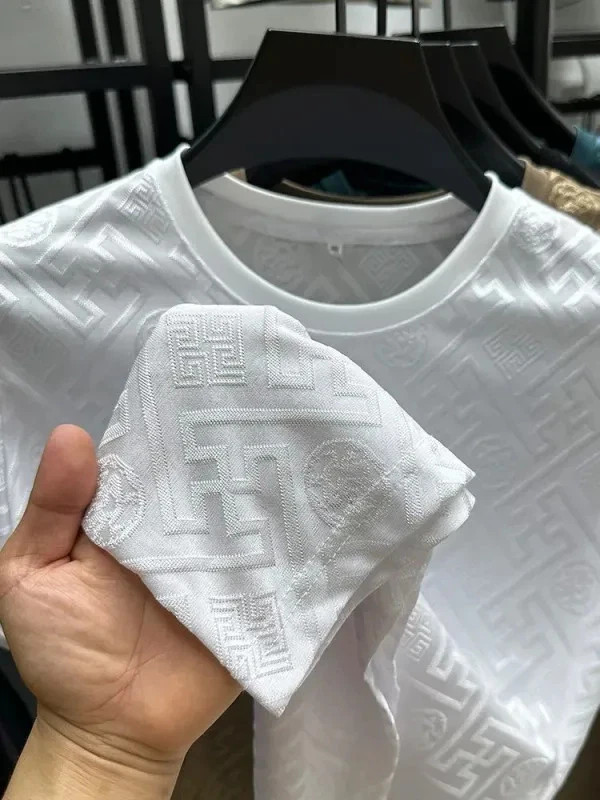 New Men’s Jacquard T-Shirt Casual Short Sleeve Round Neck Breathable Fashion TOP gallery