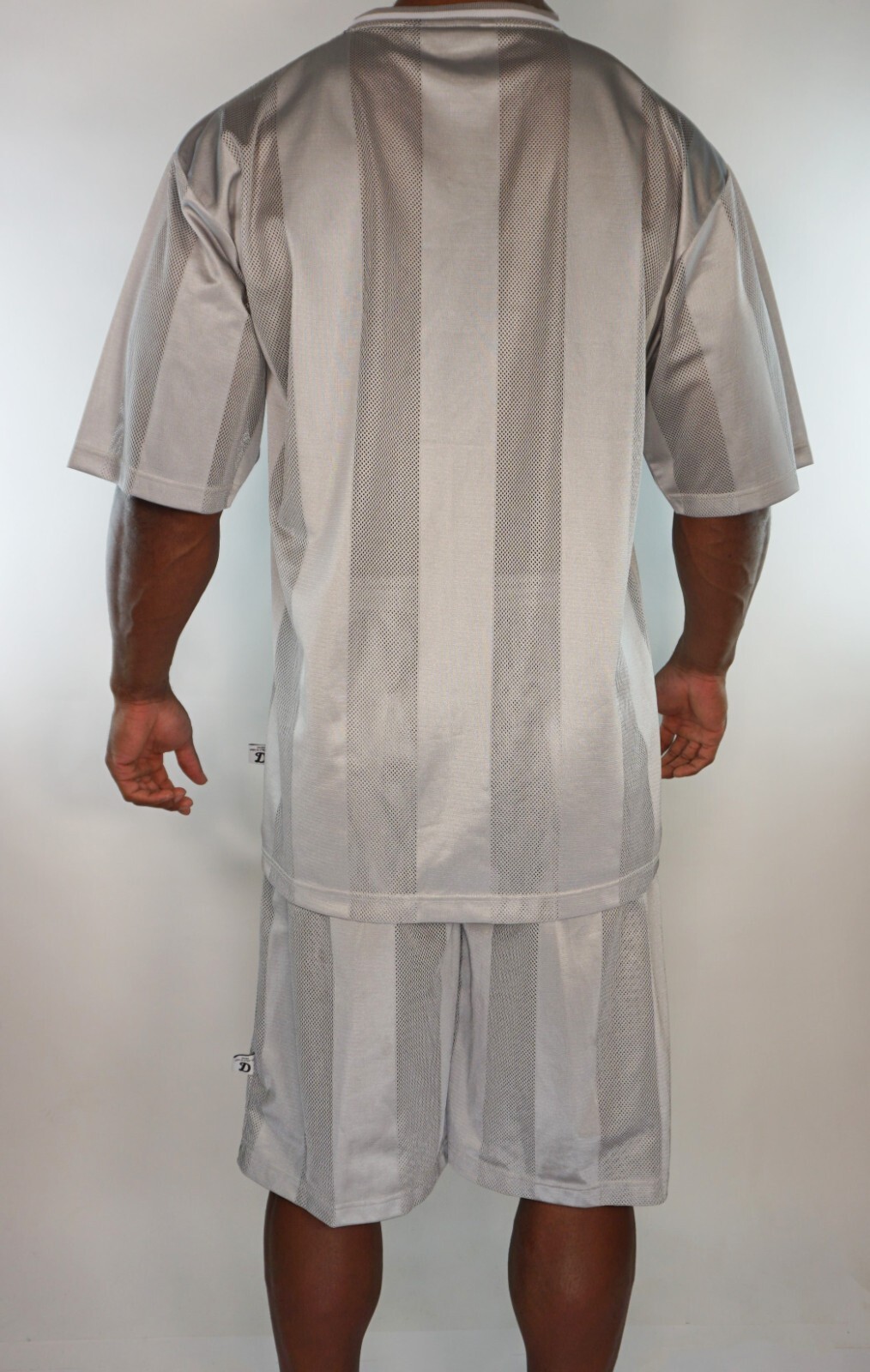 MEN'S 2 PIECE SILVER SEMI-SHEER CREW NECK SHIRT & SHORTS SET SIZE L gallery