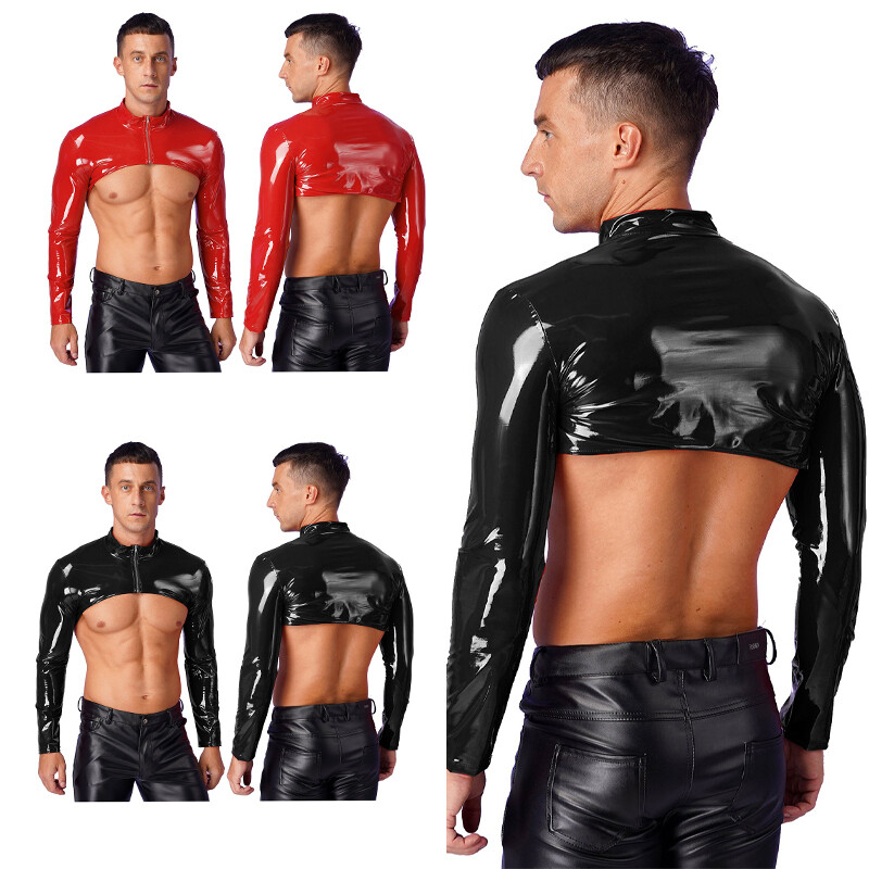 US Mens Shrug Stand Collar Clubwear Long Sleeve Crop Top Patent Leather Slim Top gallery