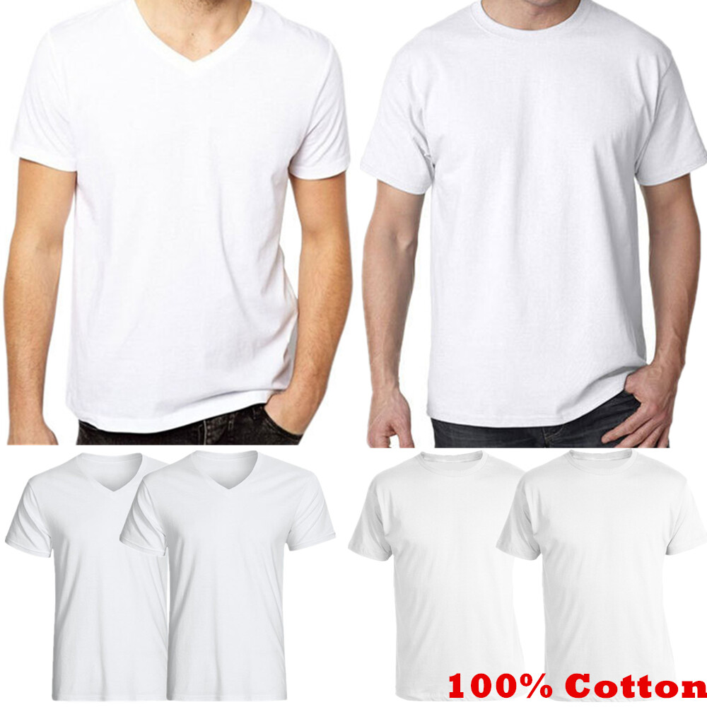 Mens 100% Cotton Thick Casual T-Shirt White Short Sleeve Tee Crew Neck V-Neck gallery