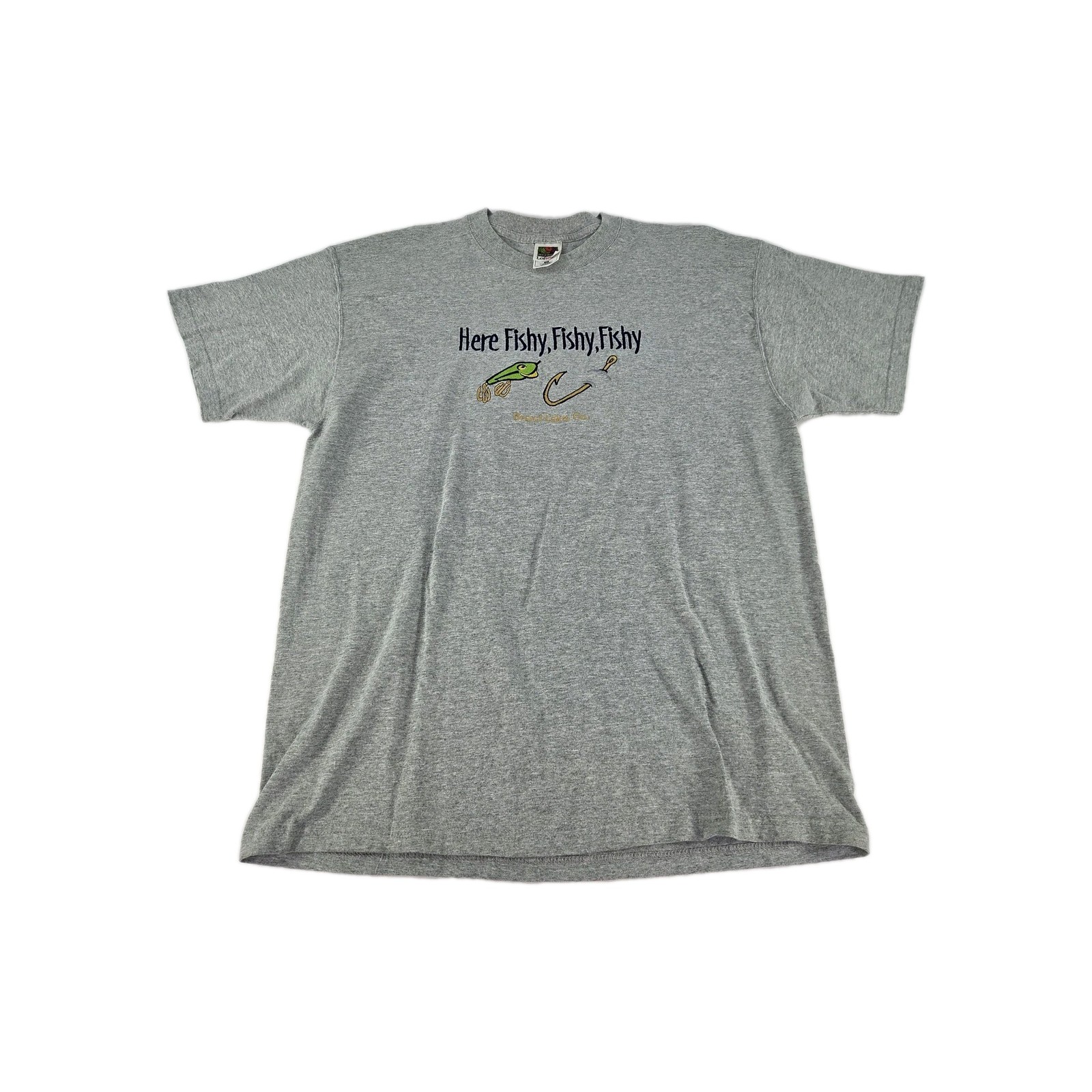 Here Fishy Fishy Embroidered Fishing Size XL Fruit Of The Loom T-Shirt Mens Gray gallery