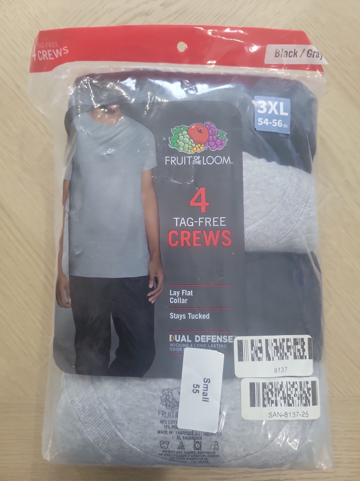 Fruit of the Loom 4-pack Big Men’s 3XL Tag-free Crew Neck T-shirts Black Grey