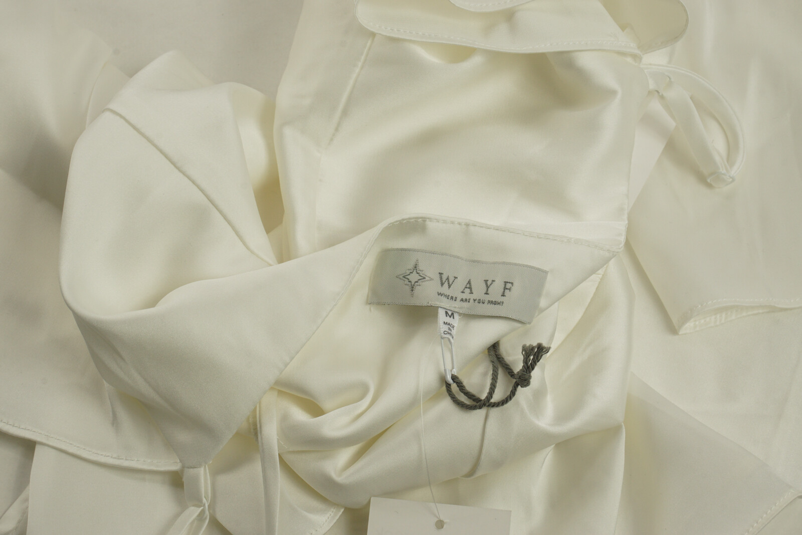 New WAYF Women Size M Ivory Satin Cold Shoulder Long Sleeve Spaghetti V-Neck Top gallery