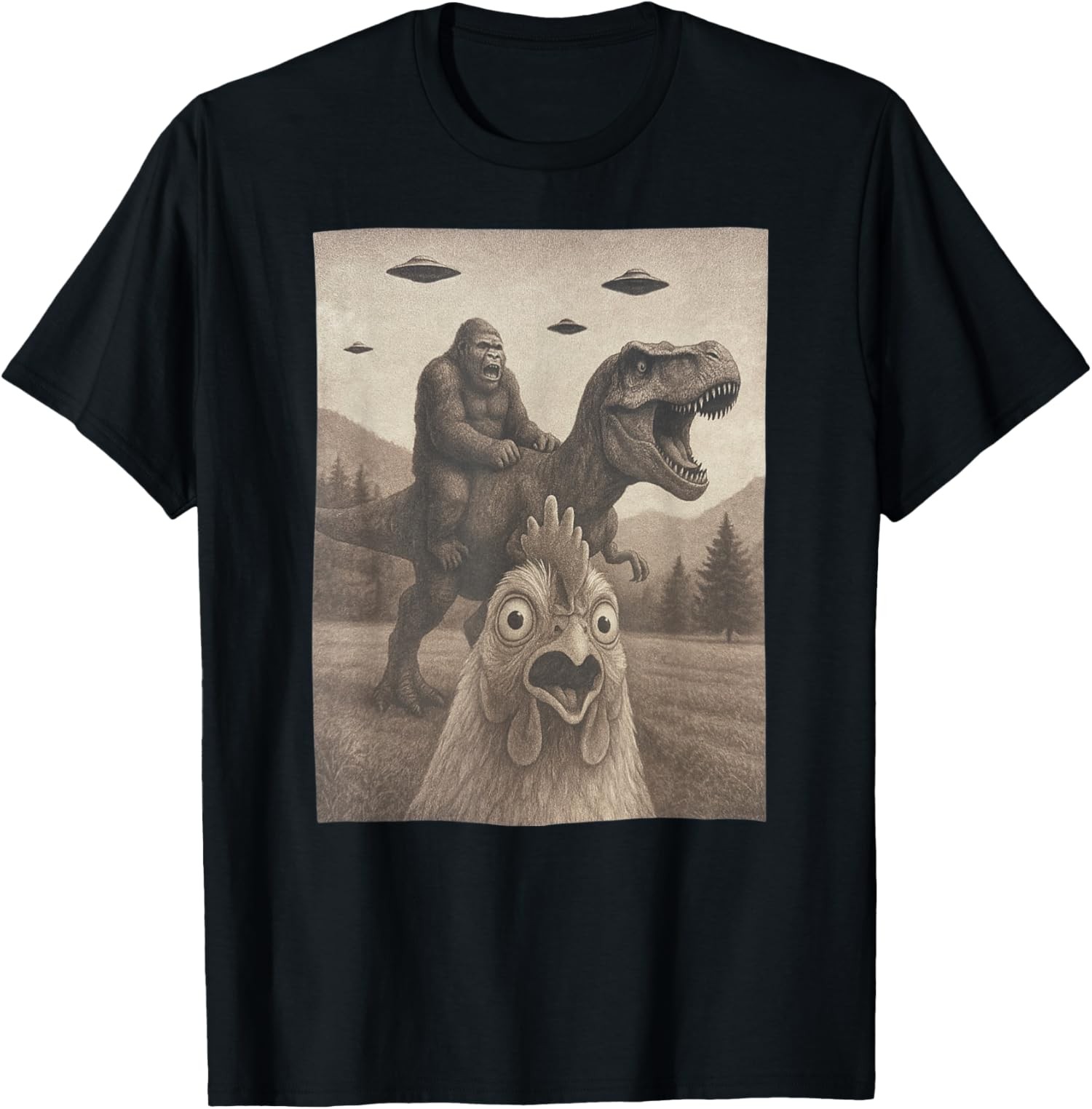 Funny Chicken, Chicken Selfie Bigfoot Riding T rex Fu Unisex T-Shirt gallery