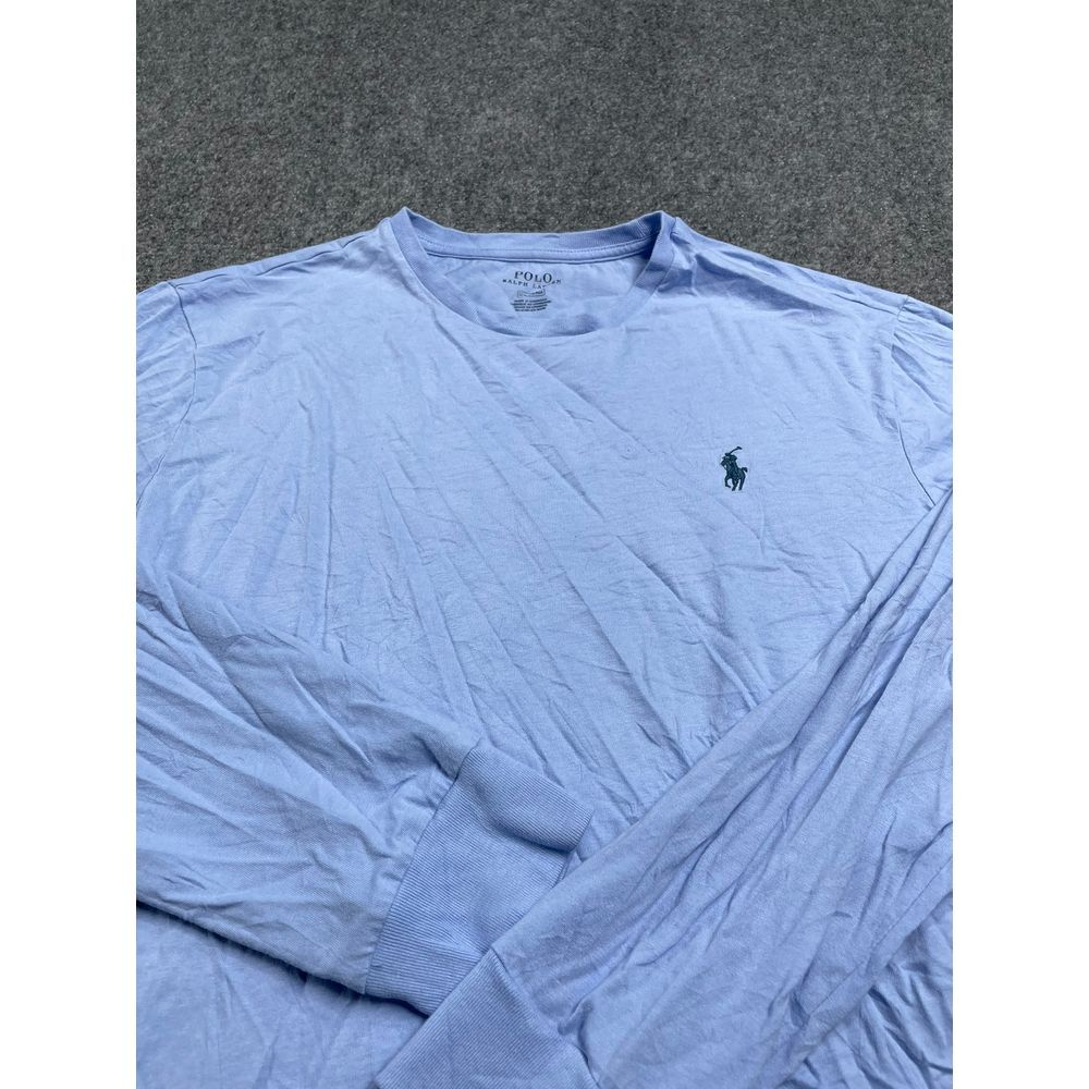 Men's Sky Blue Crew Neck Ribbed Cuff Full Sleeve Casual Cotton T-Shirt Size M gallery