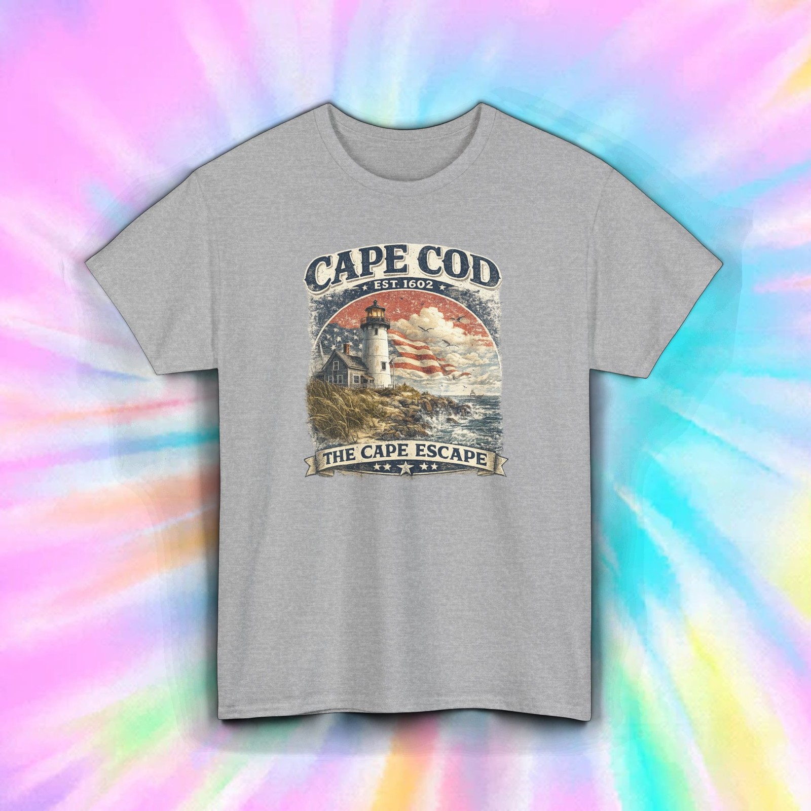 Cape Cod Lighthouse American Flag T-Shirt Massachusetts Coastal Vacation Tee gallery