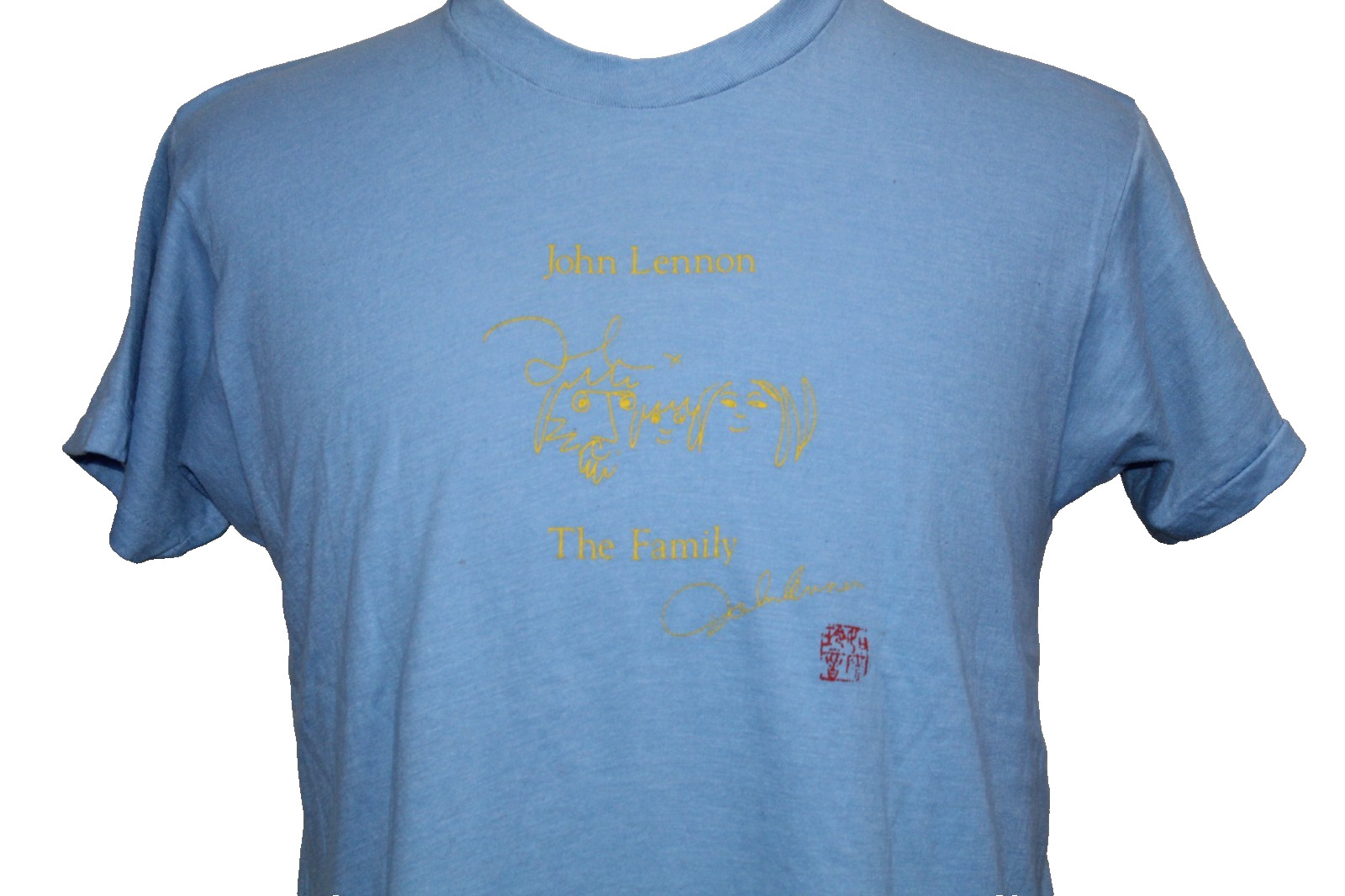 Vintage John Lennon “Bag One” Art Tee Sketch T-Shirt Blue Small USA 70s Beatles gallery
