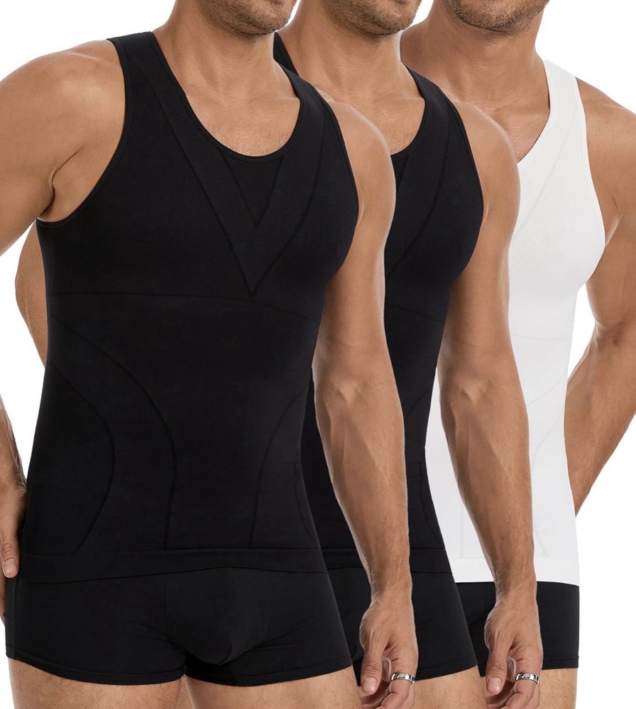 Mens Slimming Body Shaper Compression Shirt Tummy Control Undershirt 3 Pack