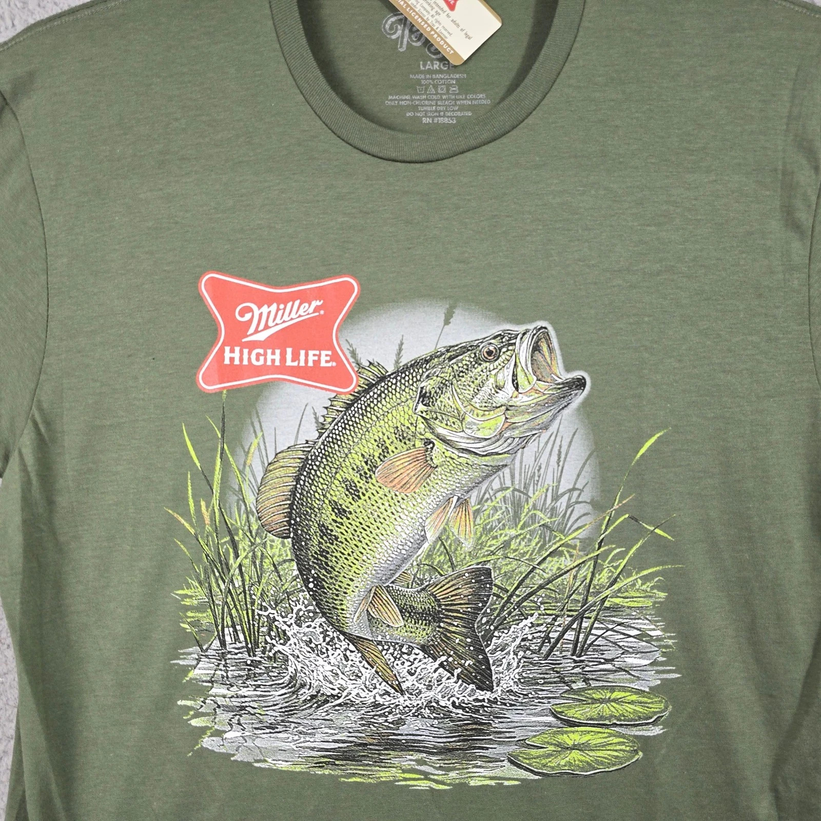 MILLER HIGH LIFE Beer Shirt Men Large Green Fishing Hunting Casual Fish Bass NWT gallery