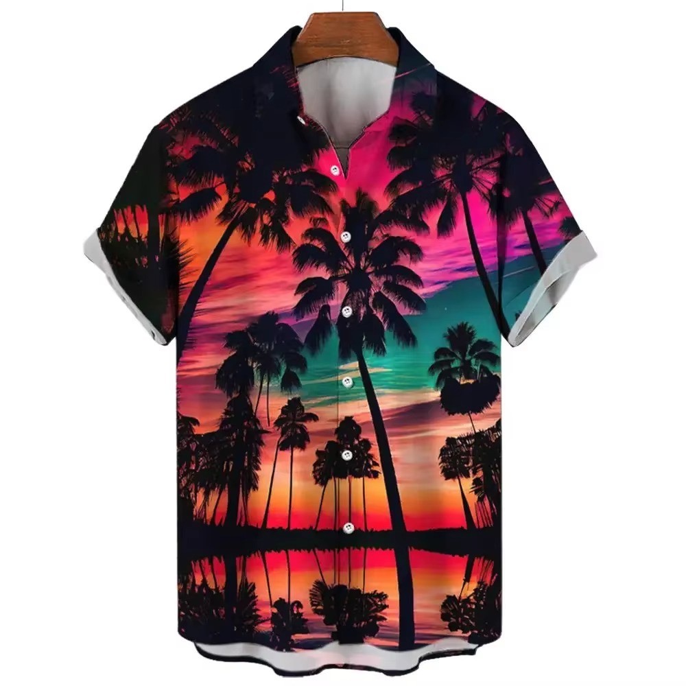 Mens Button Down Pink Neon Sunset Palm Tree Hawaiian Top Novelty Summer Shirt