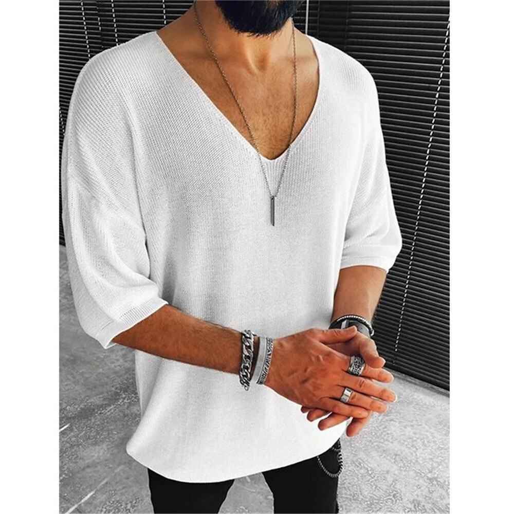 Men's Knitted Short Sleeve T-Shirt Classic Casual Slim Fit V-Neck Shirts gallery