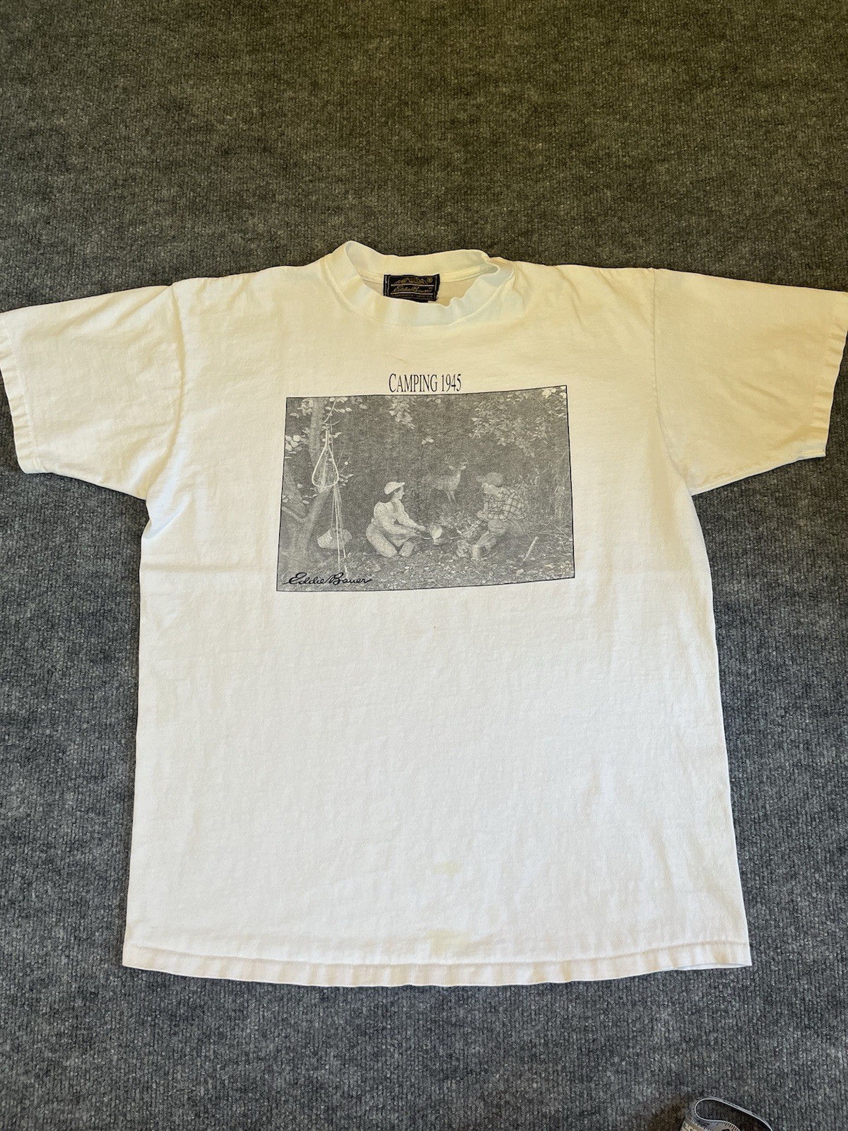 Rare Vintage Eddie Bauer Camping 1945 Graphic Tee Shirt USA White Size Large