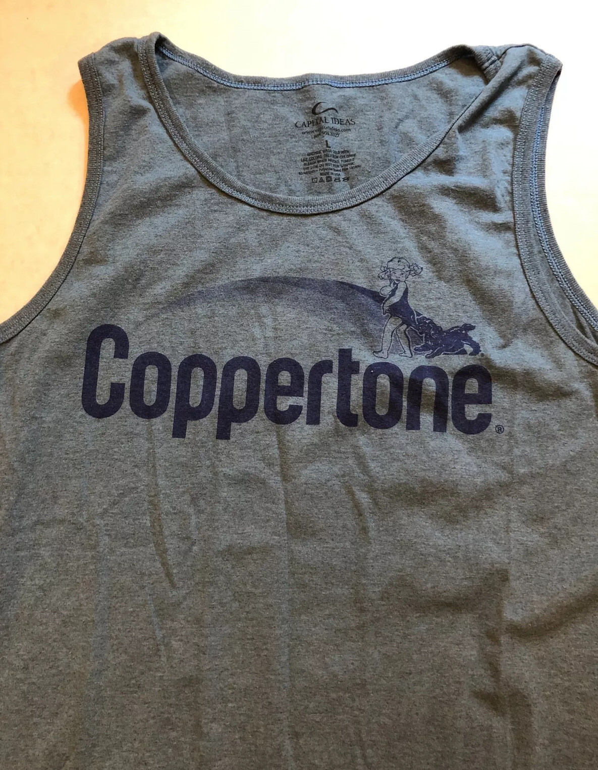 Men’s L BLUE GRAPHIC COPPERTONE Girl Logo Tank Top T Shirt Made In USA gallery
