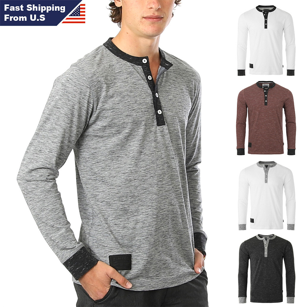 ZIMEGO Mens Long Sleeve T-Shirt – Contrast Casual Button Henley Shirt for Men