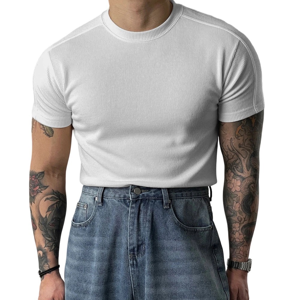 Men's Athletic Ribbed T-Shirt Short Sleeve Small High Collar Training Wear gallery