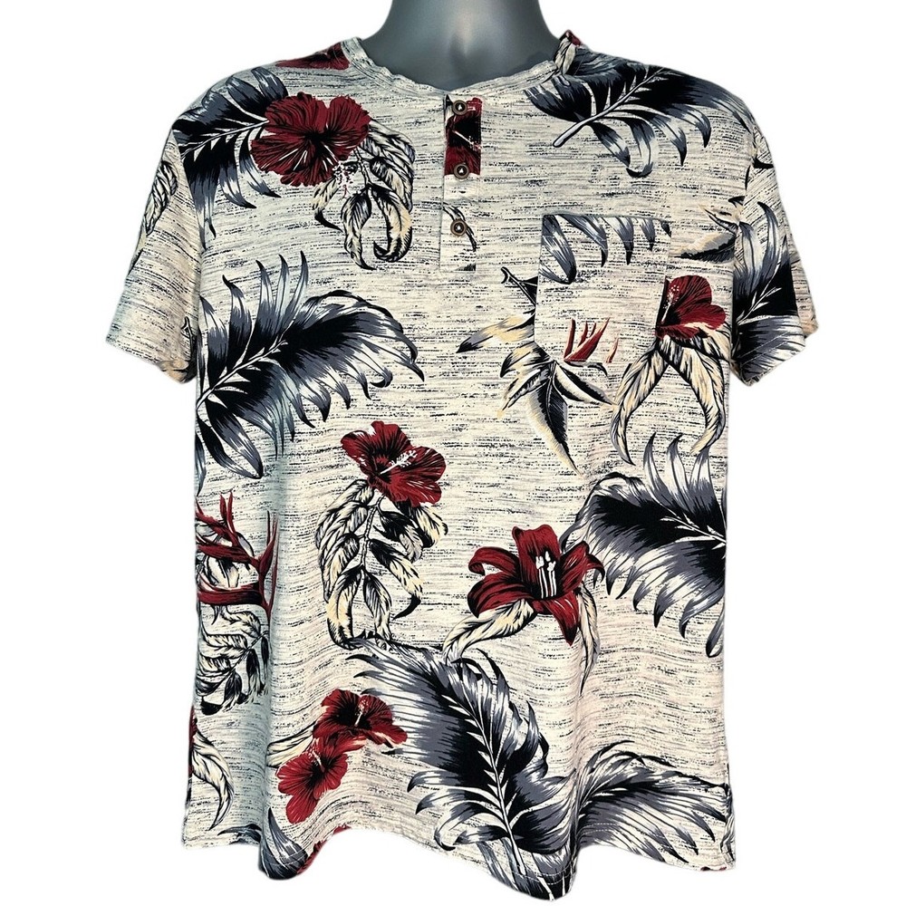 Craft & Flow Voyage Tropical Print Short Sleeve T-Shirt Henley, Size L