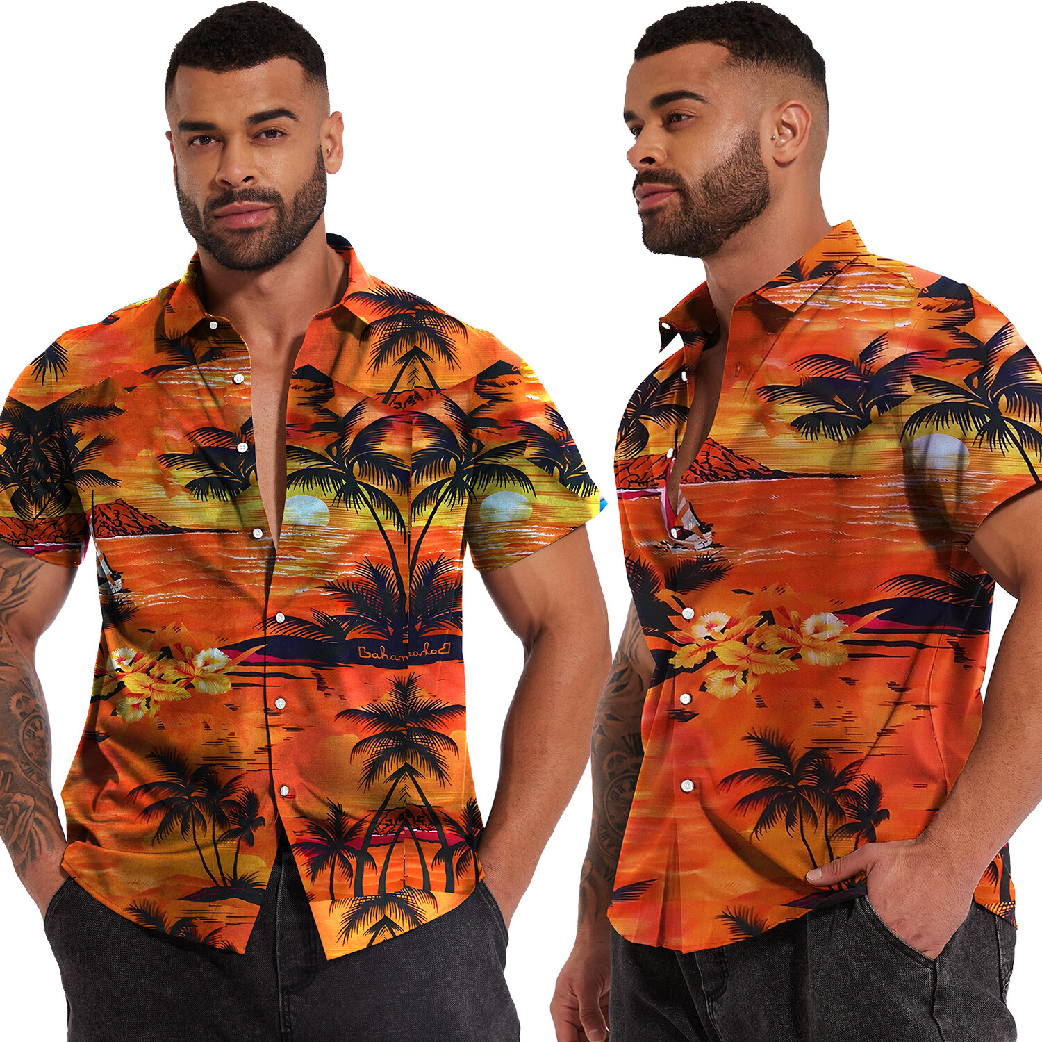 Men Hawaiian Shirts Floral Palm Tree Sunset Surf Beach Party Holiday Stag Dance gallery