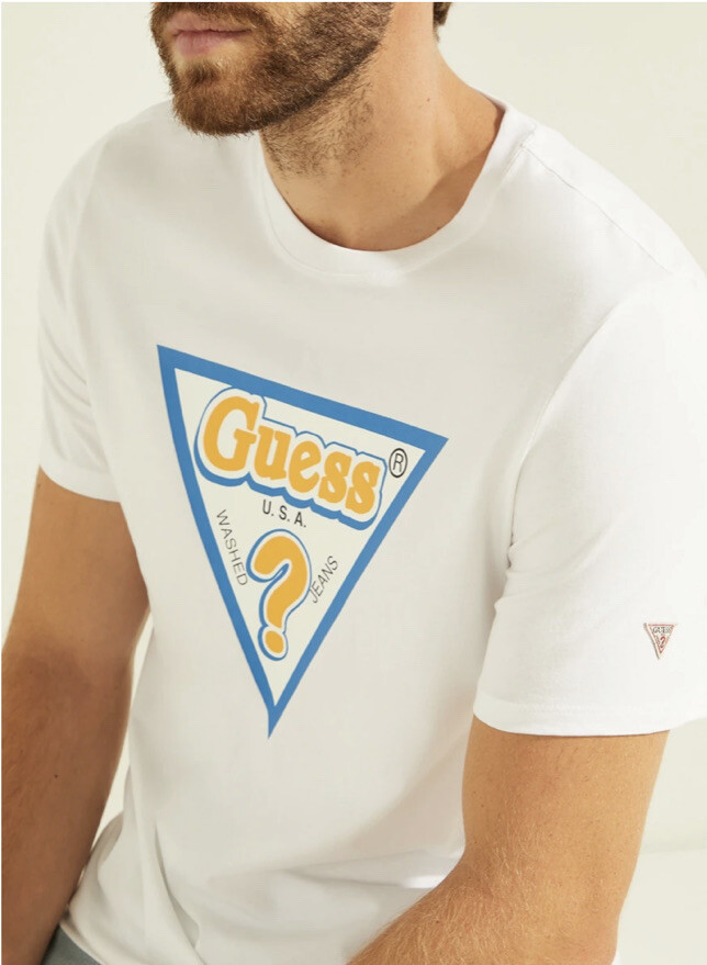 NWT GUESS Sticky/Sticker Triangle Logo Tee T-Shirt Men White Medium M0YI91I3Z00