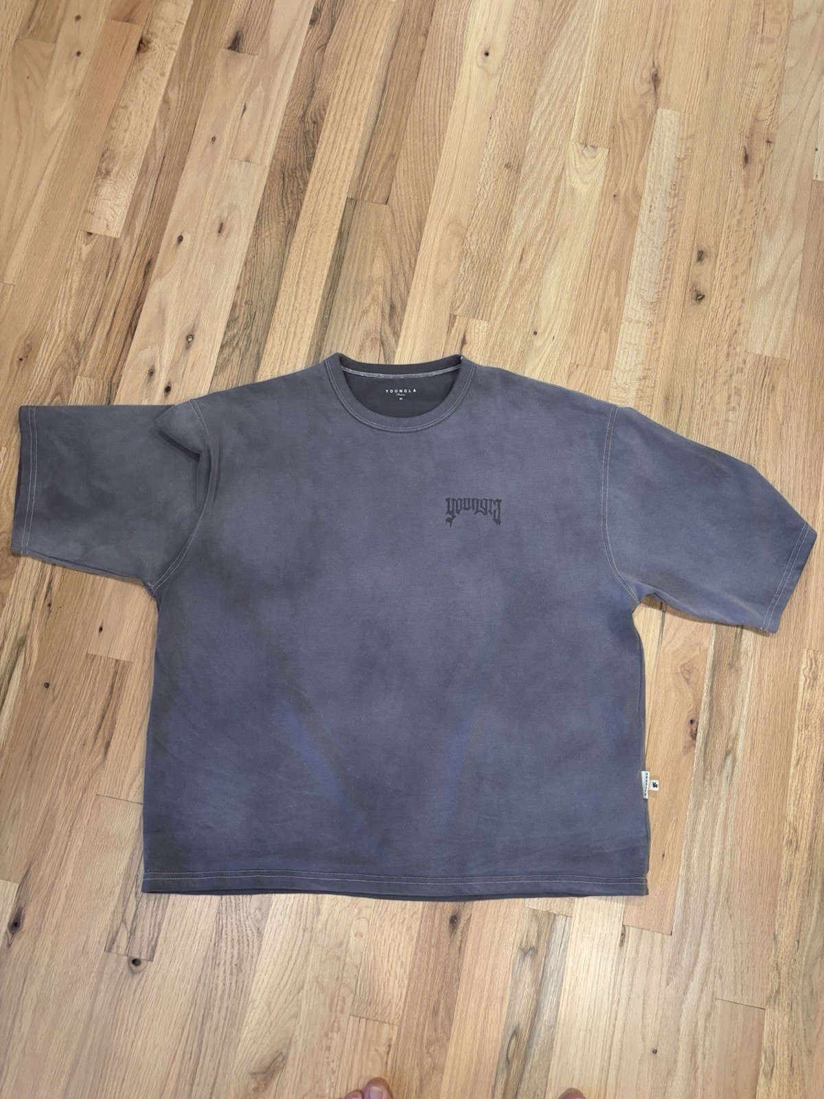 YoungLA Mens Oversized Gym T-Shirt Washed Grey Cotton Logo Tee Medium gallery