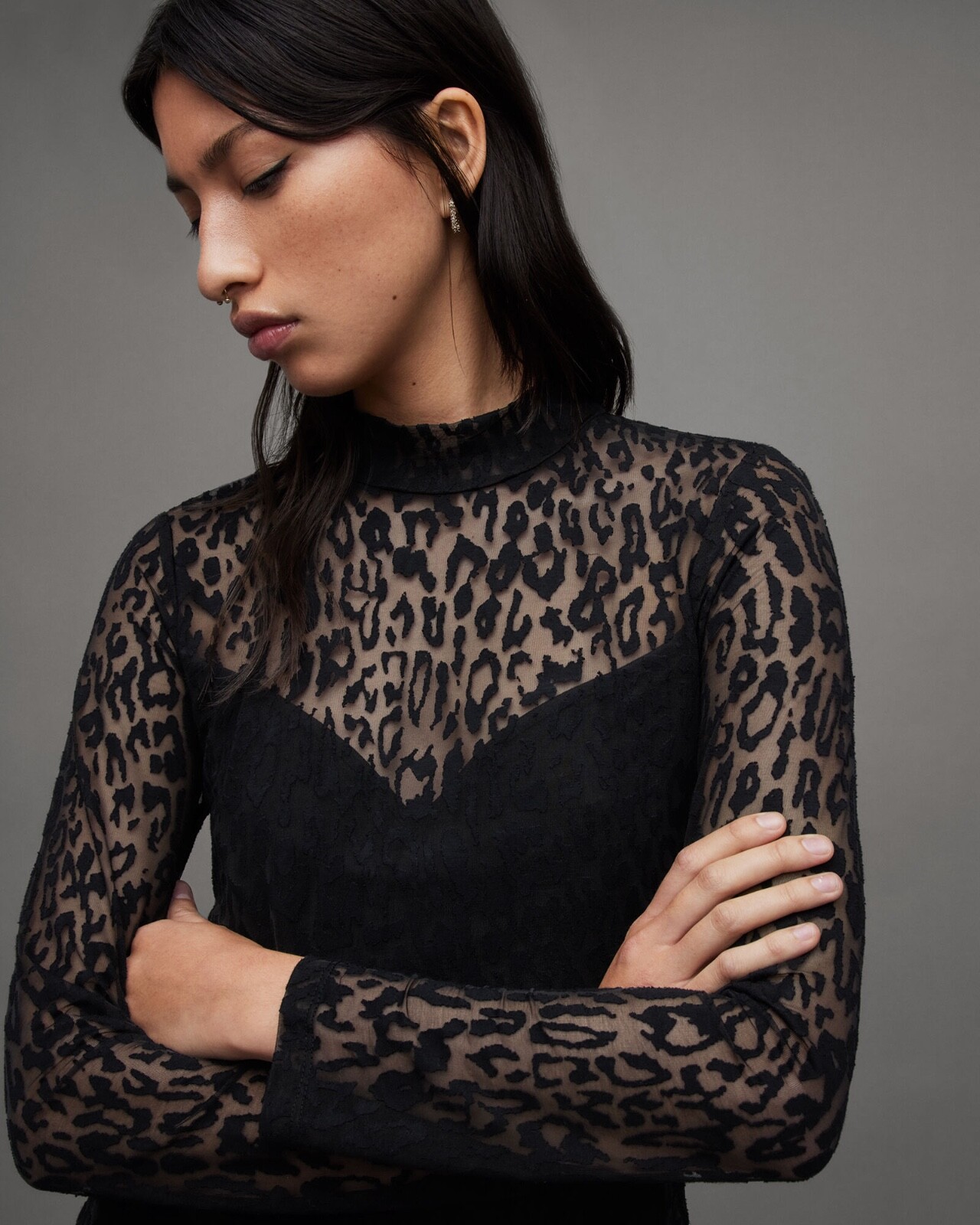 All Saints Womens Leopard Print Mini Dress Hanna Anita Black Slim Long Sleeve gallery