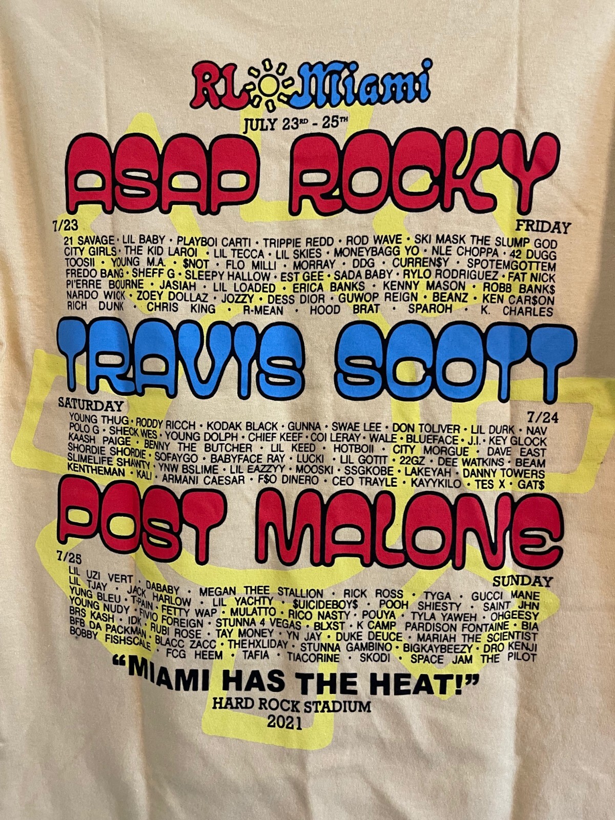 ROLLING LOUD MIAMI 2021 HIP HOP FESTIVAL PALE YELLOW TEE SHIRT, MEN'S S, NWOT gallery