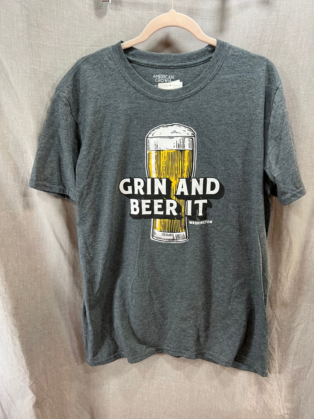 Grin And Beer It Shirt Adult Large Gray Short Sleeve Pullover Tee Mens