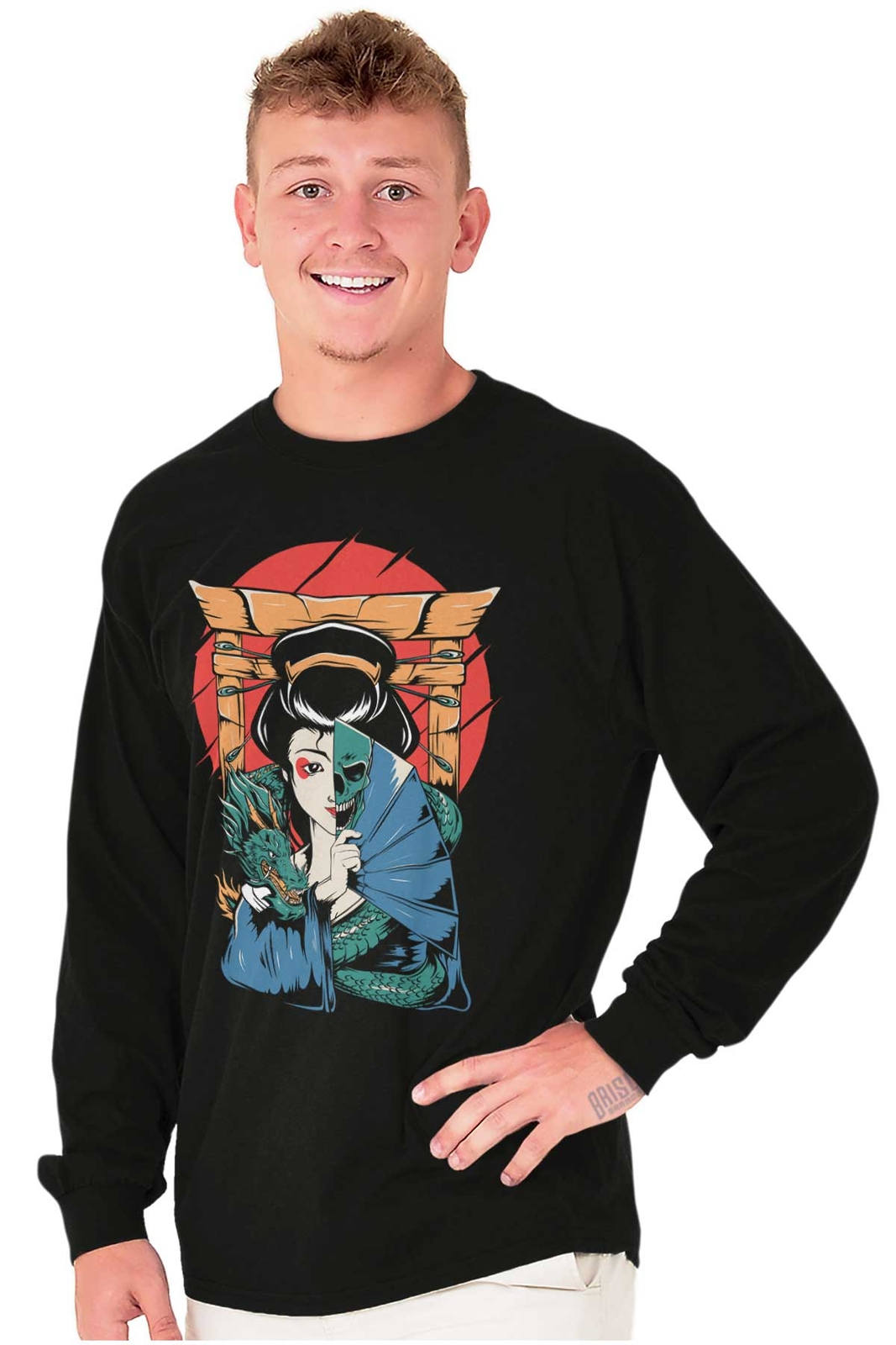 Traditional Geisha Split Face Skull Dragon Long Sleeve Tshirt for Men or Women gallery