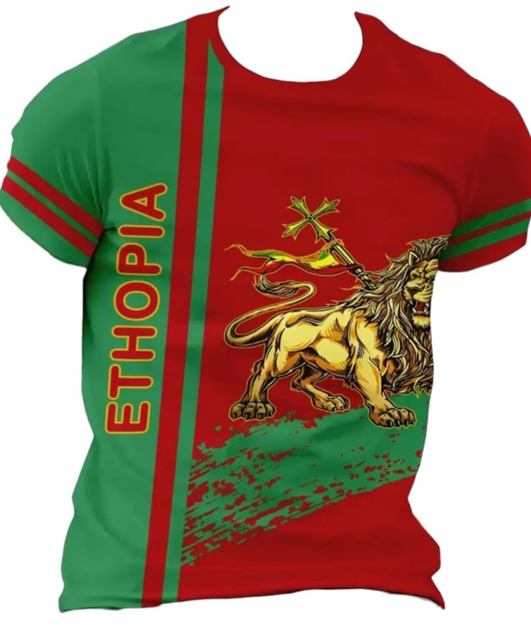Ethiopia Lion Print Men's T-Shirt, Red and Green gallery