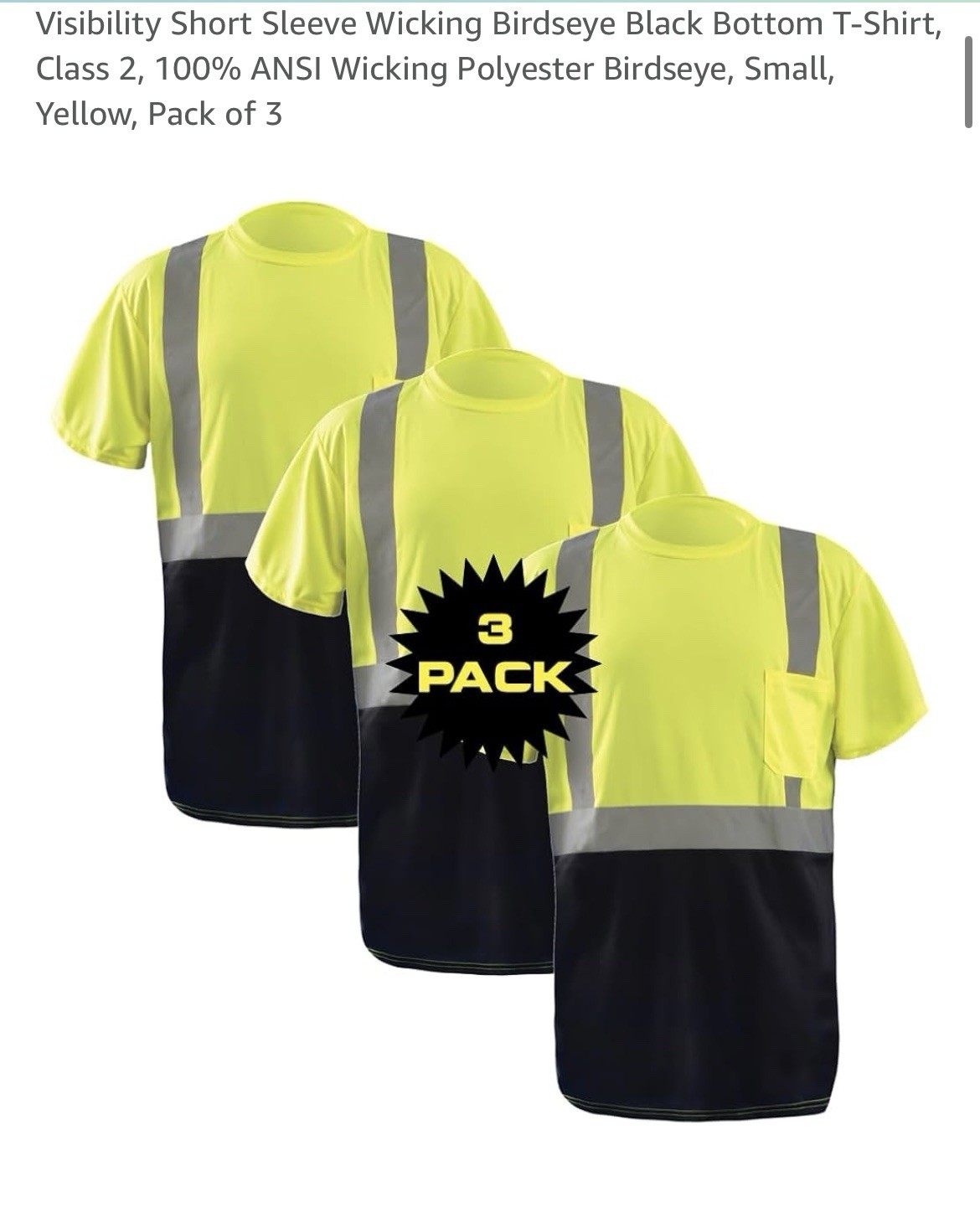 Black Bottom T-Shirt, Class 2, 100% ANSI Wicki Birdseye, Small, Yellow, of 3 gallery