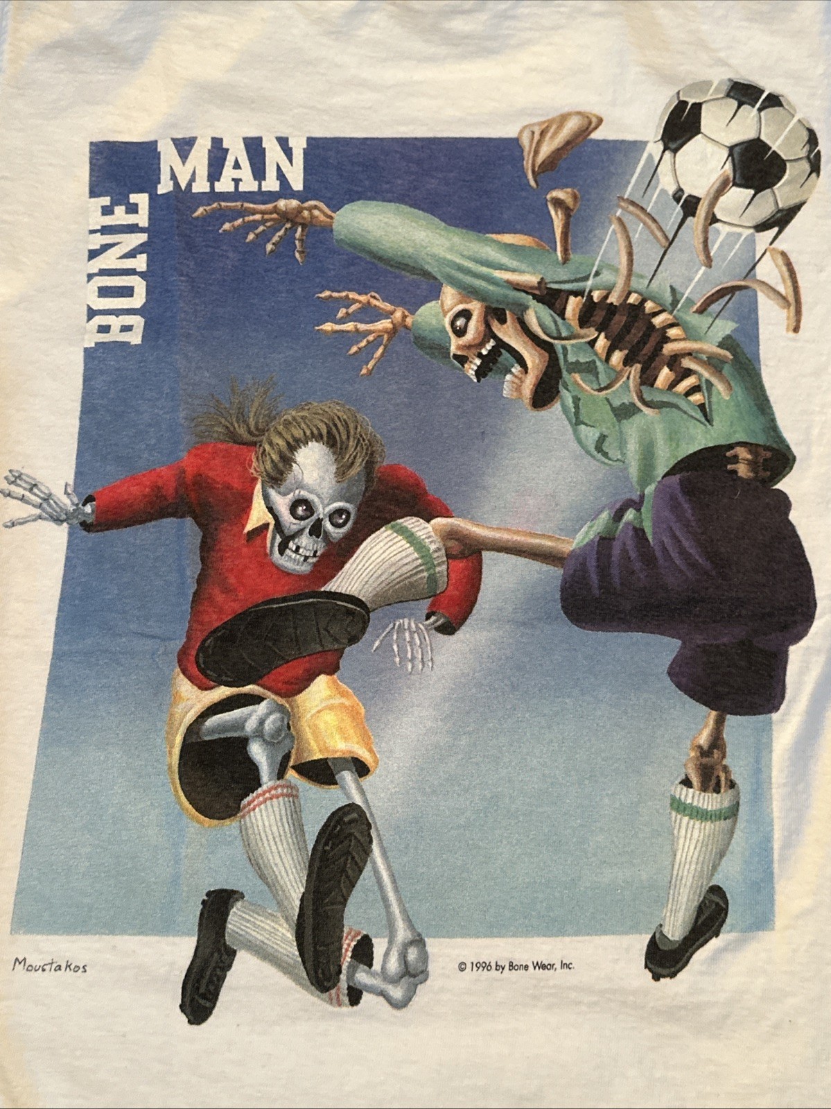 Vtg Bone Man Skeleton Soccer T-Shirt, White, Size Small 1996 90s gallery