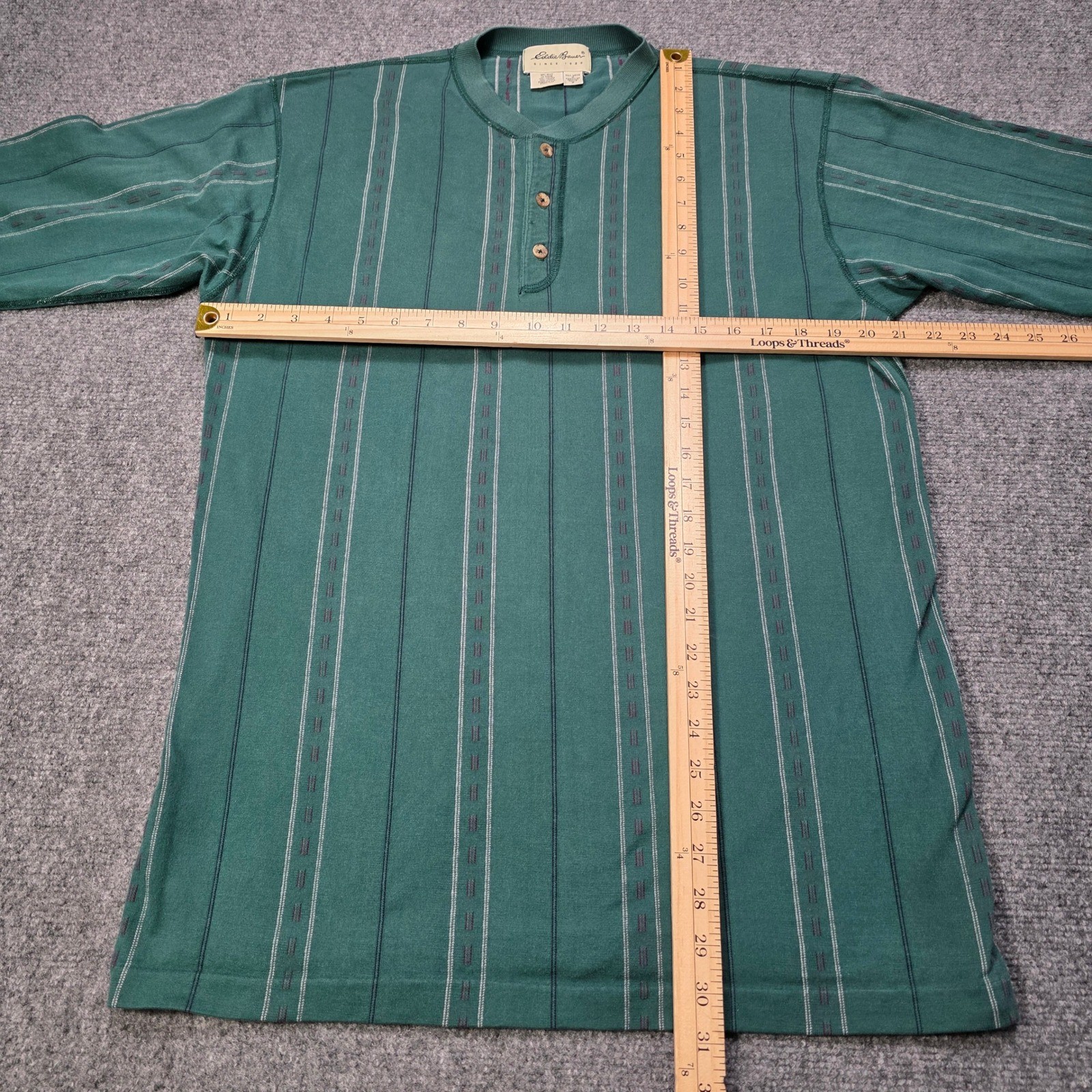 Eddie Bauer Men's Medium Tall Henley Shirt Long Sleeve Green Striped 100% gallery
